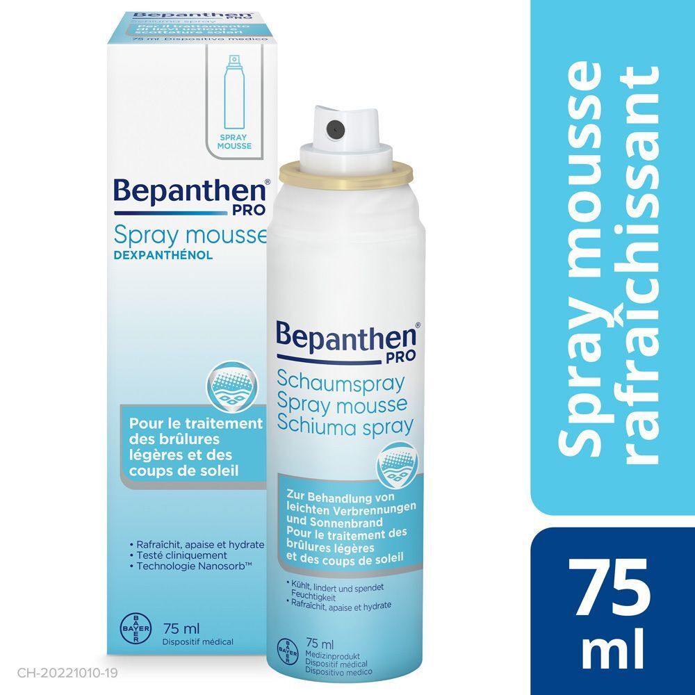 Bepanthen Pro Spray mousse und Verpackung. Spraydose mit weißem Behälter und blau-weißer Verpackung. Text: Dexpanthenol, Pour le traitement des brûlures légères.