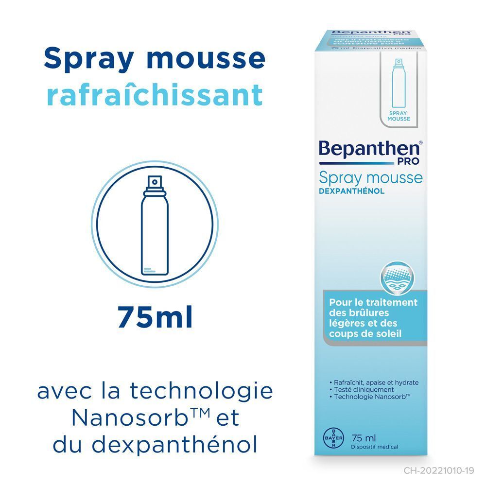 Verpackung von Bepanthen Pro Spray mousse. Blaue Verpackung mit Text: Spray mousse rafraîchissant, 75ml, mit Nanosorb Technologie und Dexpanthenol.
