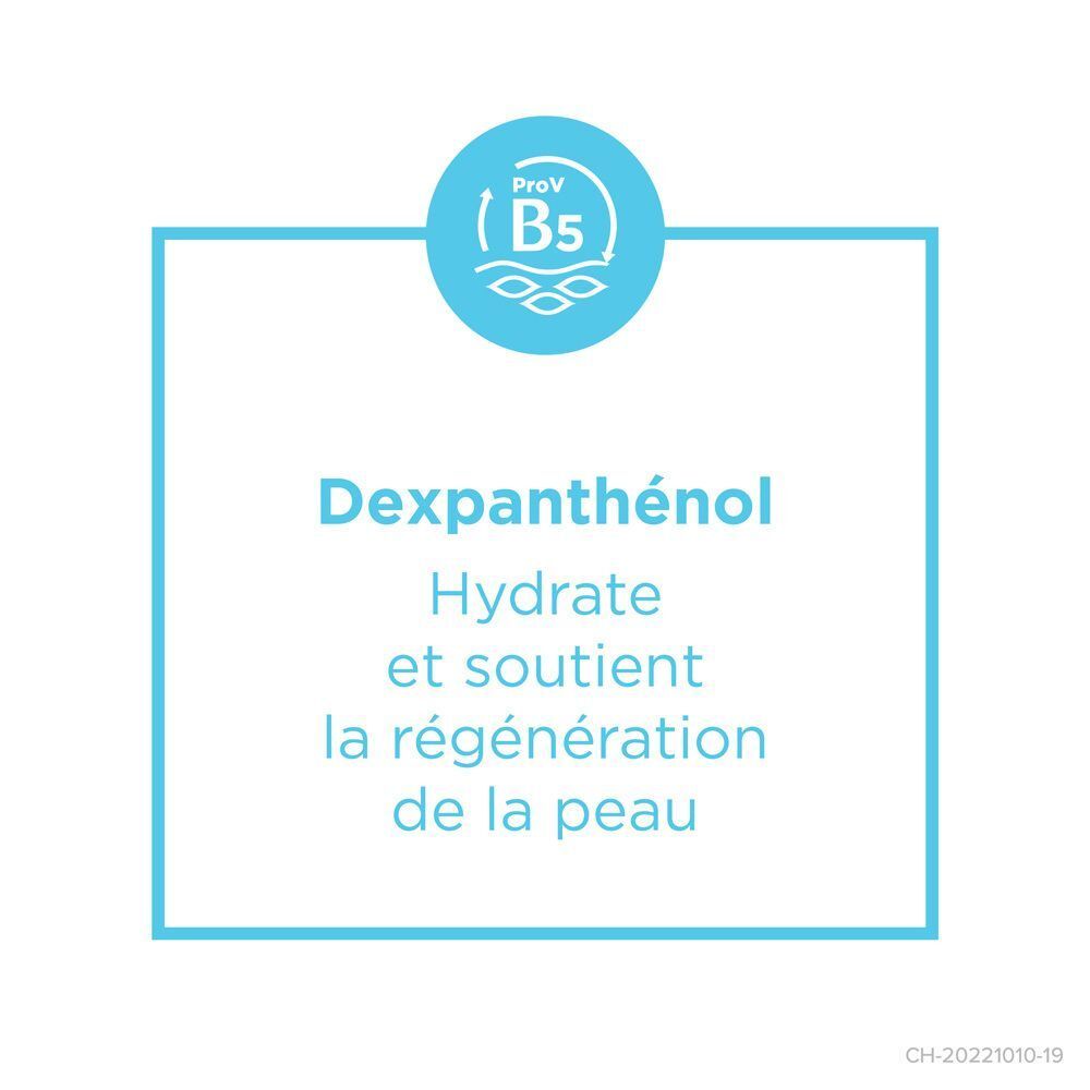 Blauer Hintergrund mit Text: Dexpanthenol, Hydratisiert und unterstützt die Regeneration der Haut. Logo ProV B5.