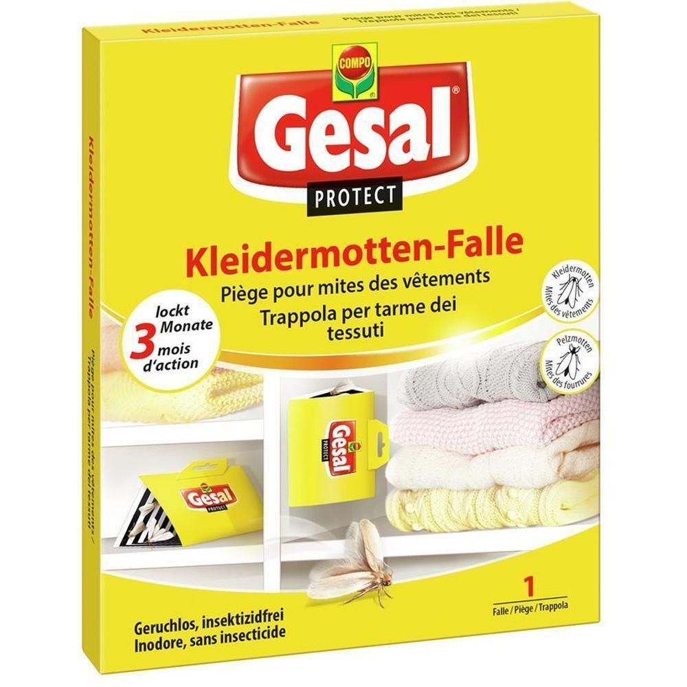 Emballage jaune Gesal Kleidermotten-Falle. Texte en allemand, français et italien. Illustration d'une mite. Durée d'action 3 mois.