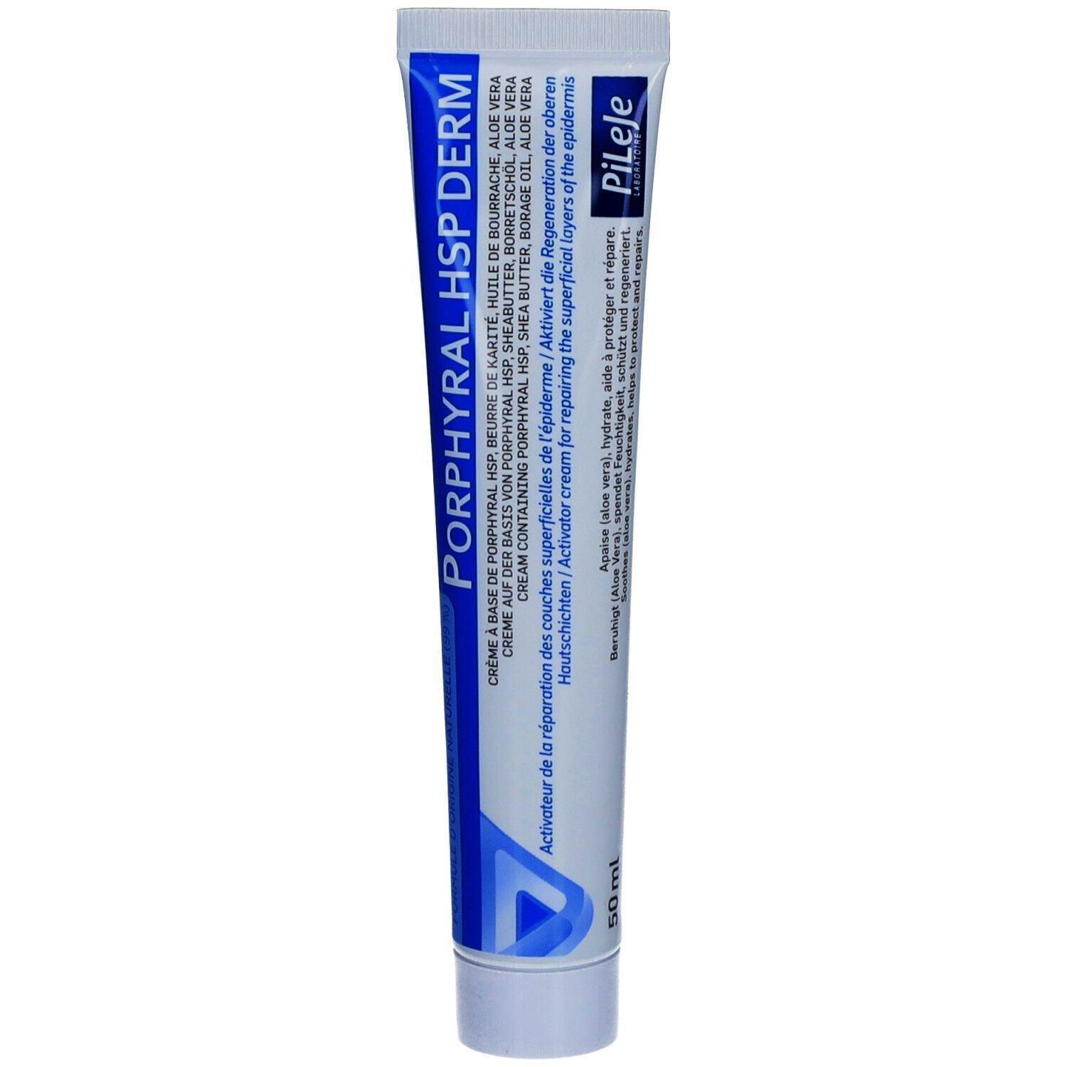 Creme-Tube mit Produktnamen Porphyral HSP Derm. Blaue und weiße Verpackung. Enthält Aloe Vera und Sheabutter. 50 ml.