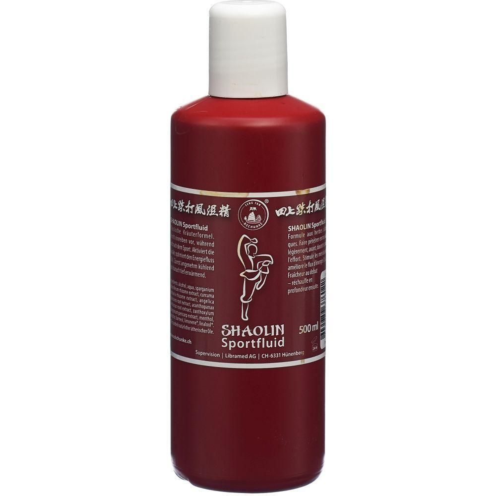 Rote Flasche mit weißem Deckel. Aufschrift SHAOLIN Sportfluid. Etikett mit Schriftzeichen und Logo einer Person.