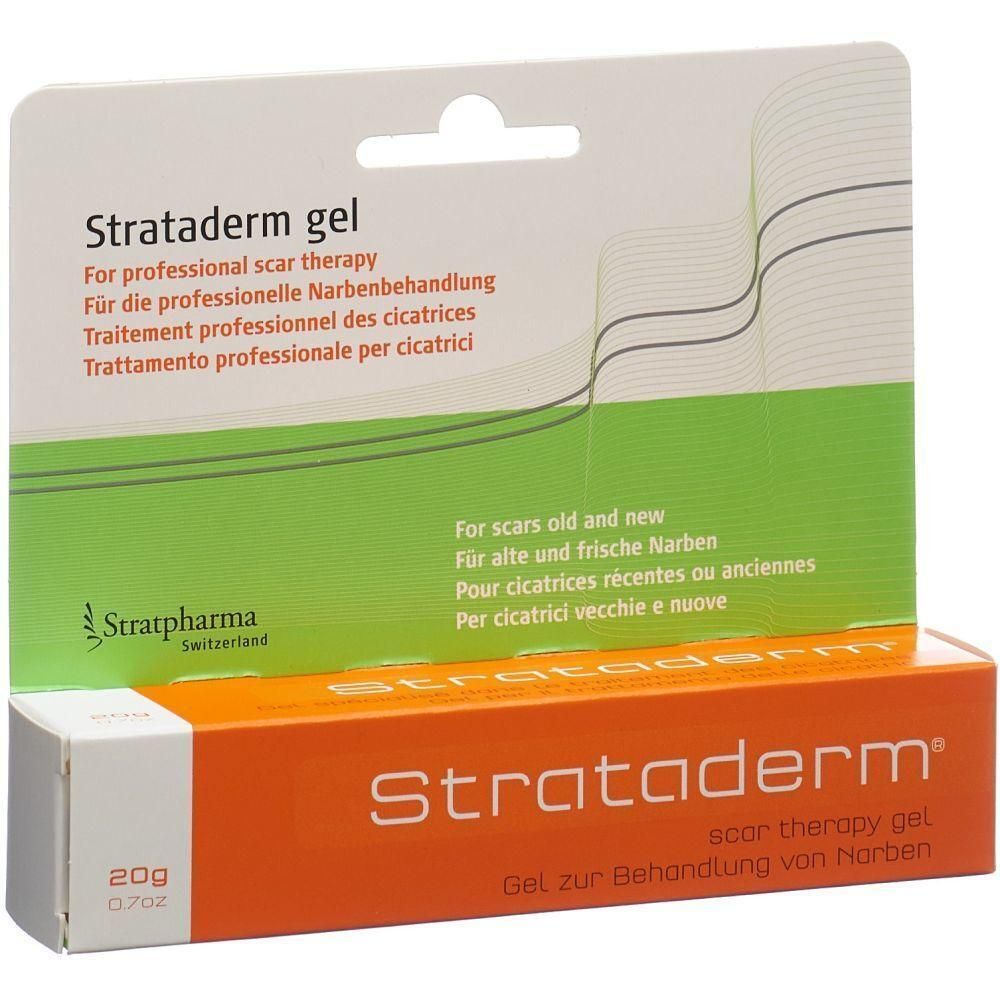 Verpackung von Strataderm Gel. Orangefarbene Tube mit weißer Verpackung. Text: Strataderm, Narbentherapie-Gel. 20g.