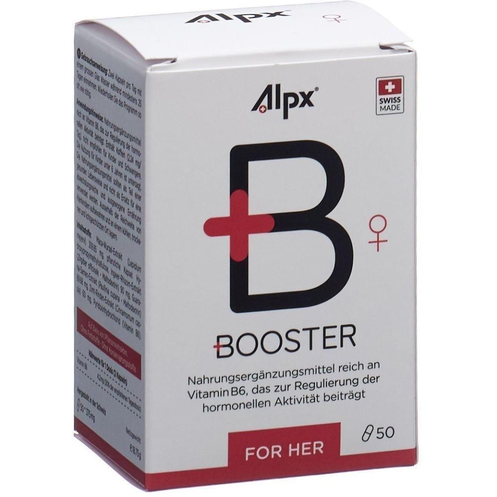 Boîte blanche Alpx BOOSTER. Grand B noir avec croix rouge. Logo Swiss Made. Texte: Complément alimentaire, vitamine B6, POUR ELLE.