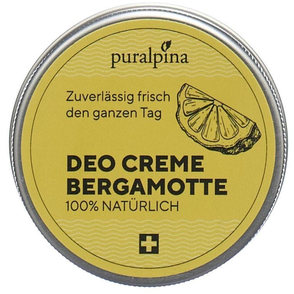 Runde Dose mit gelbem Etikett. Aufschrift: PURALPINA, Deo Creme Bergamotte, 100% natürlich. Schweizer Kreuz.