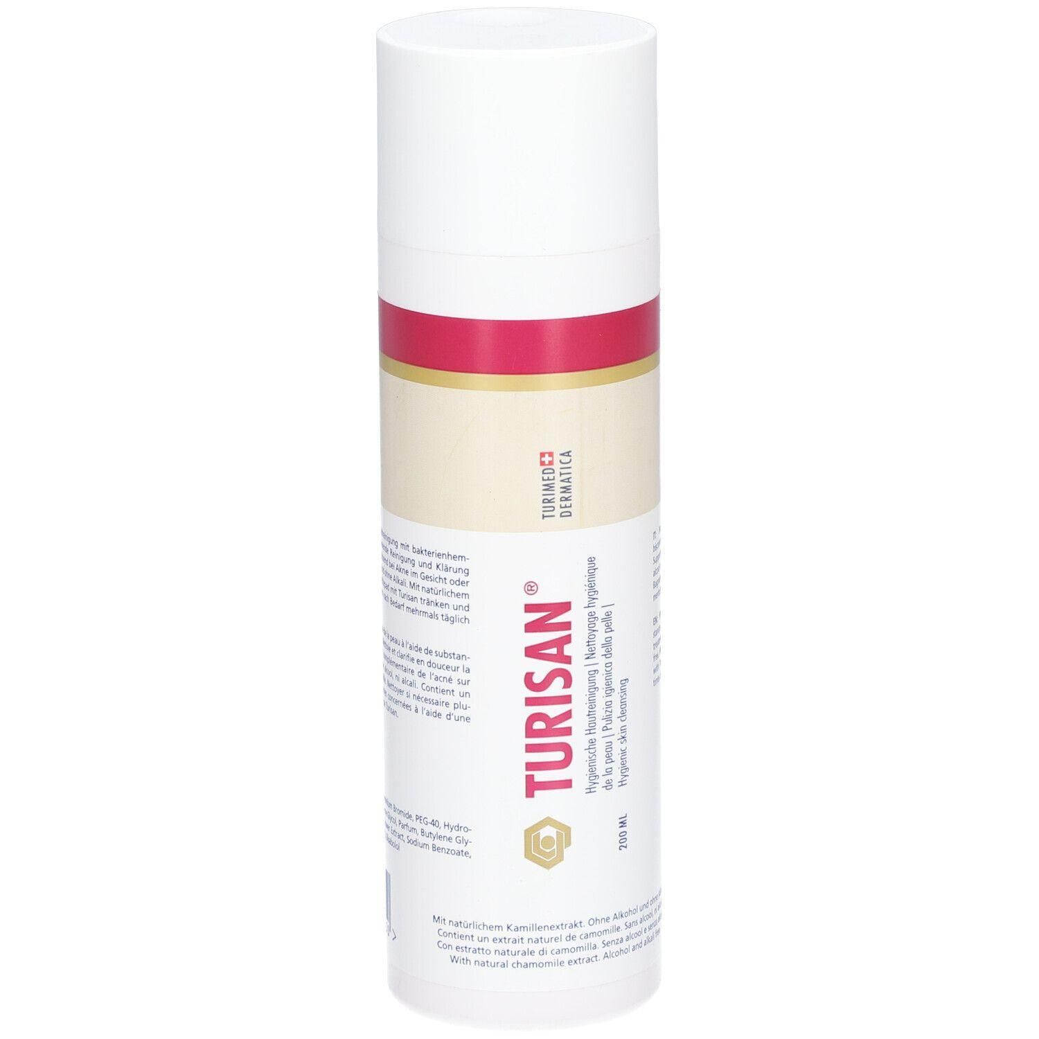 Flacon cylindrique avec bouchon blanc et bande rouge. Inscription TURISAN® et autres textes en plusieurs langues.