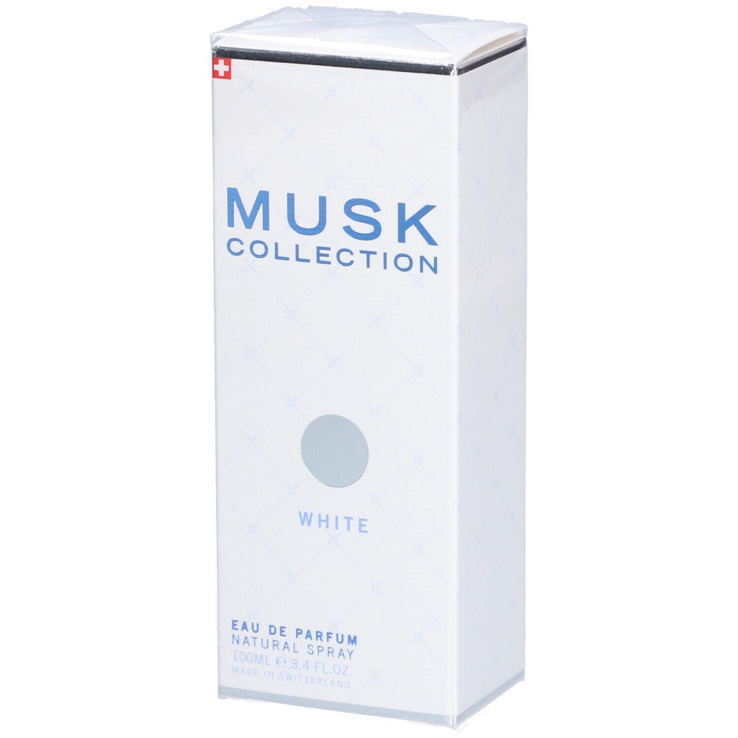 Weiße rechteckige Schachtel. Oben links Schweizer Kreuz. Aufschrift: MUSK COLLECTION, WHITE. Darunter: Eau de Parfum Natural Spray.
