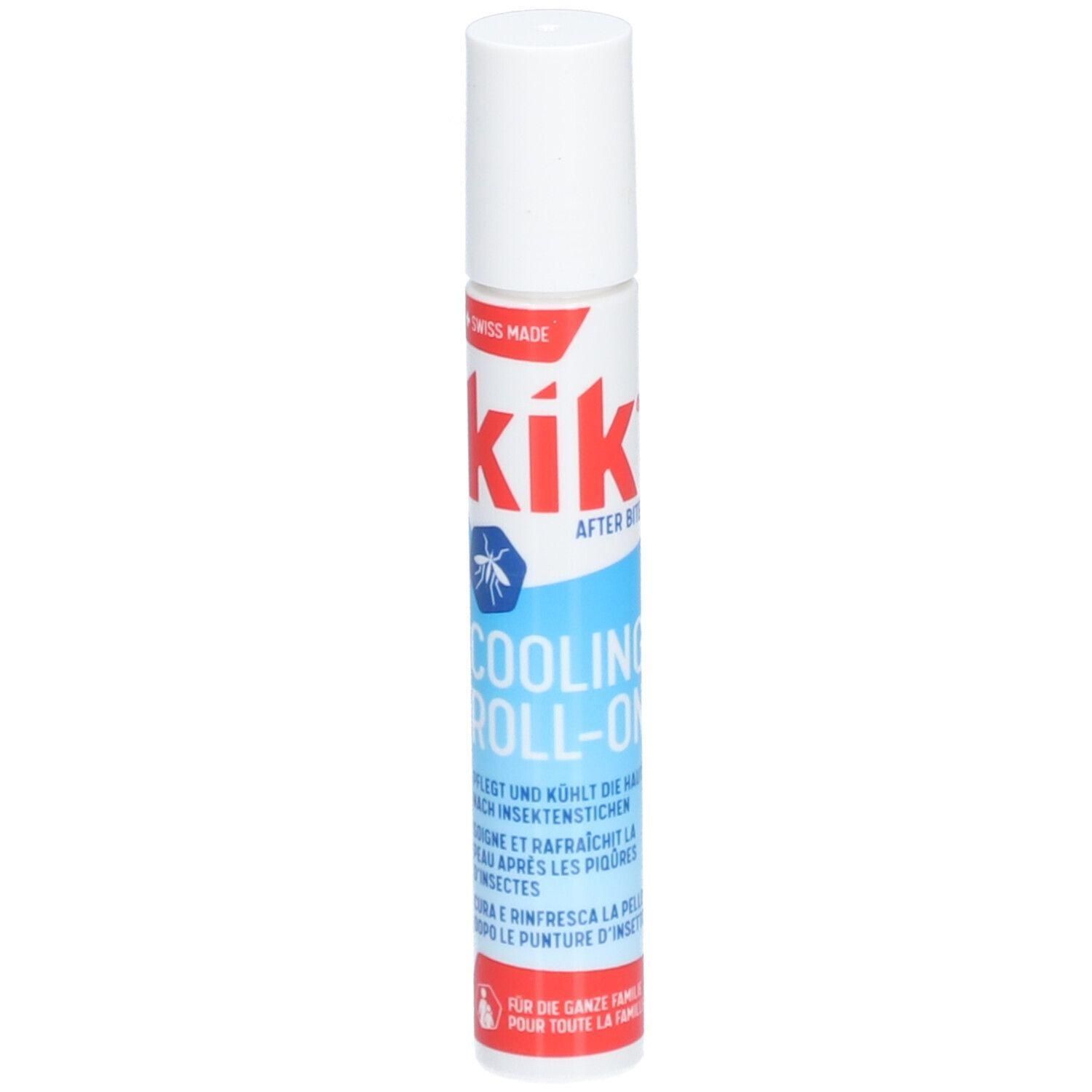 Zylindrische Flasche mit weißem Deckel. Aufschrift: kik, After Bite, Cooling Roll-on. Text in Deutsch, Französisch, Italienisch.