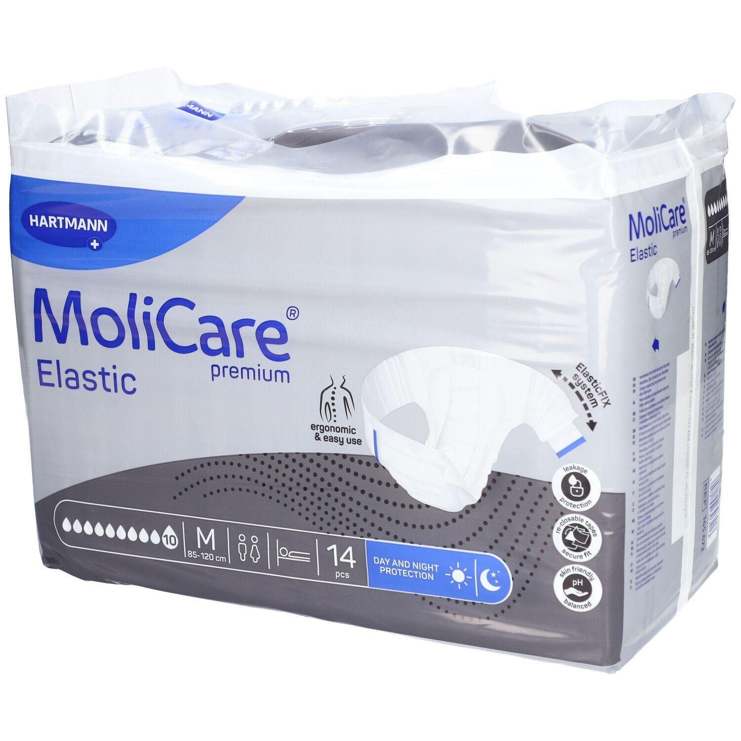 Verpackung MoliCare Elastic Premium Inkontinenzslip. Größe M, 14 Stück. Tag- und Nachtschutz. Ergonomisch & einfach.