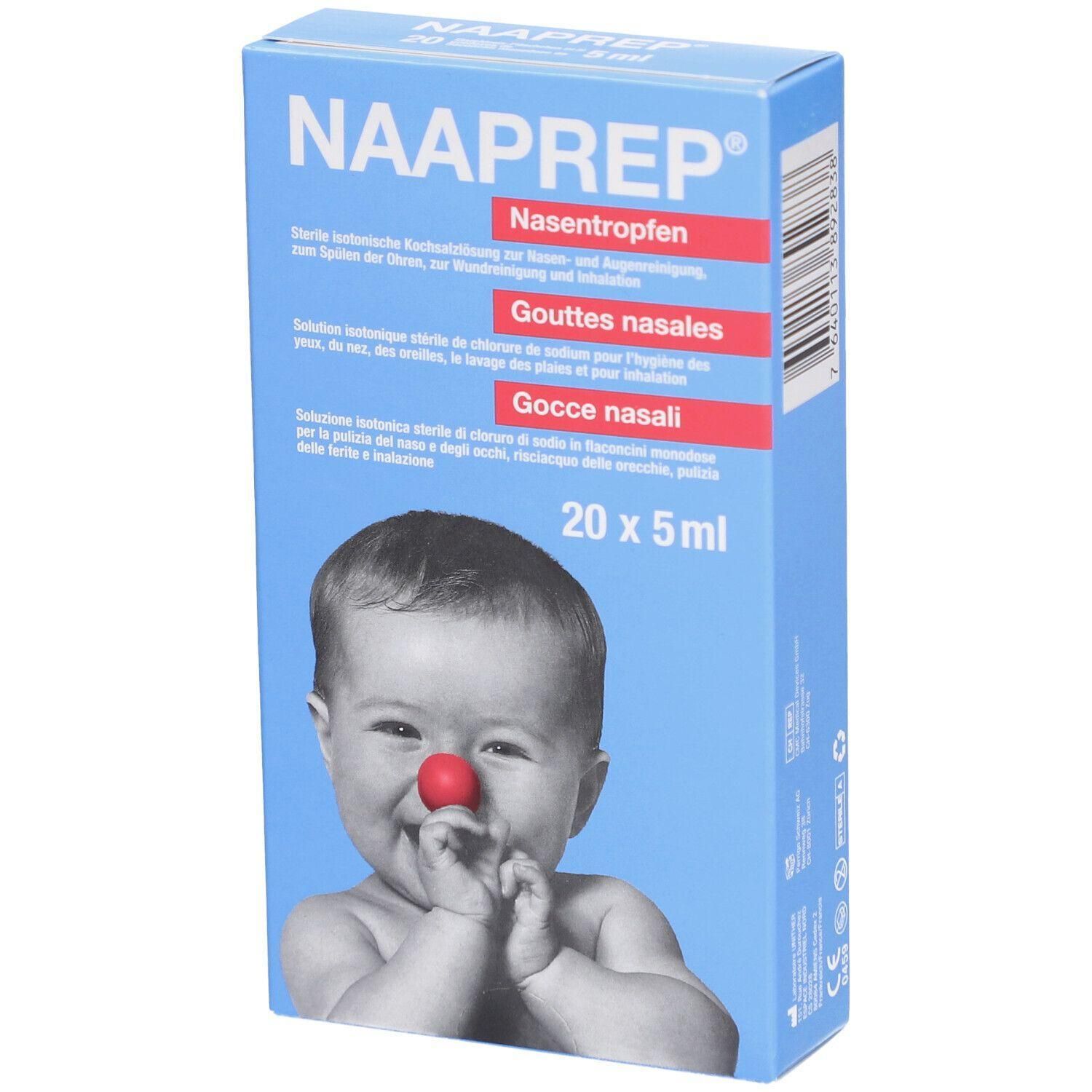 Boîte bleue et blanche avec le nom du produit NAAPREP et gouttes nasales. Contient 20 x 5 ml. Image d'un bébé avec un nez rouge.