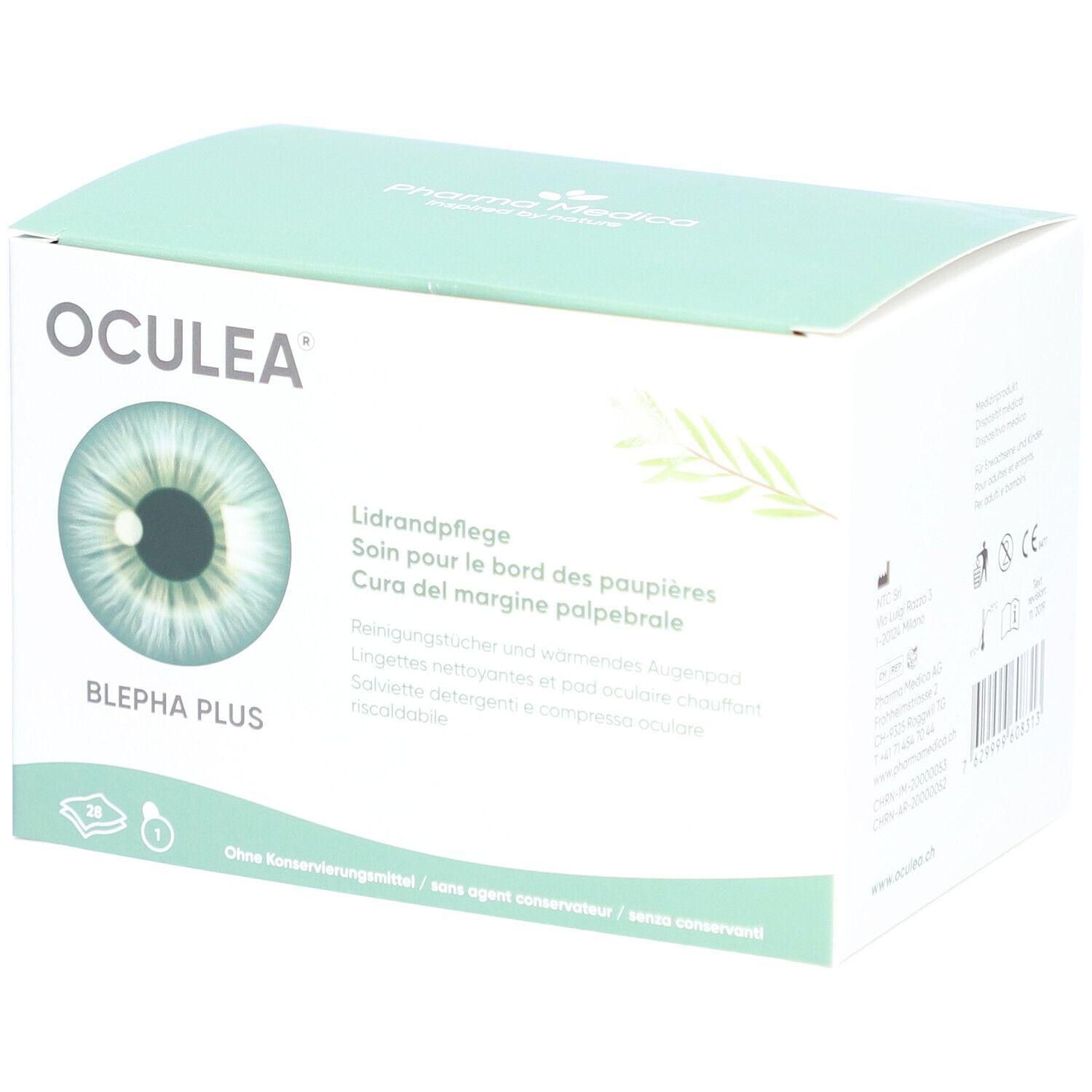 Karton von OCULEA BLEPHA PLUS. Aufdruck: Lidrandpflege, Augen-Illustration. Grün-weiße Verpackung mit Produktnamen und Text in Deutsch, Französisch und Italienisch.