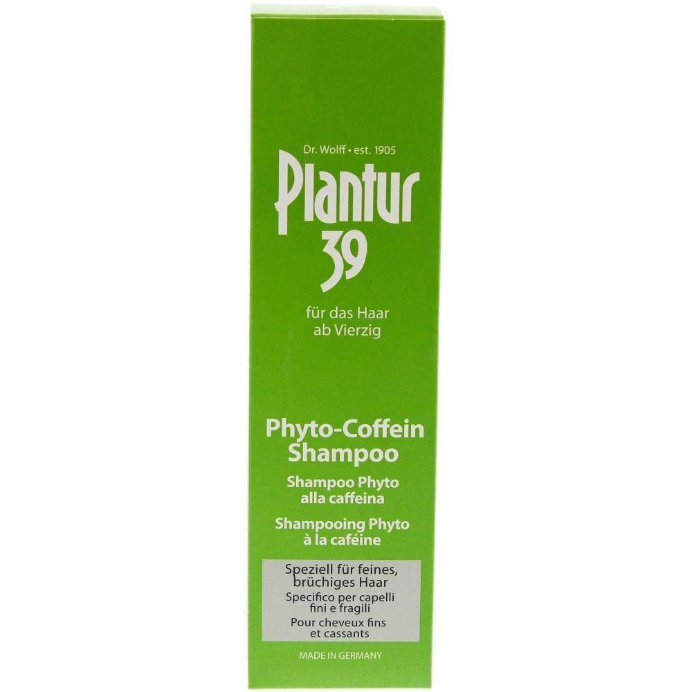 Emballage vert avec texte blanc. Contient « Plantur 39 Phyto-Coffein Shampoo ». Texte en allemand, italien et français.