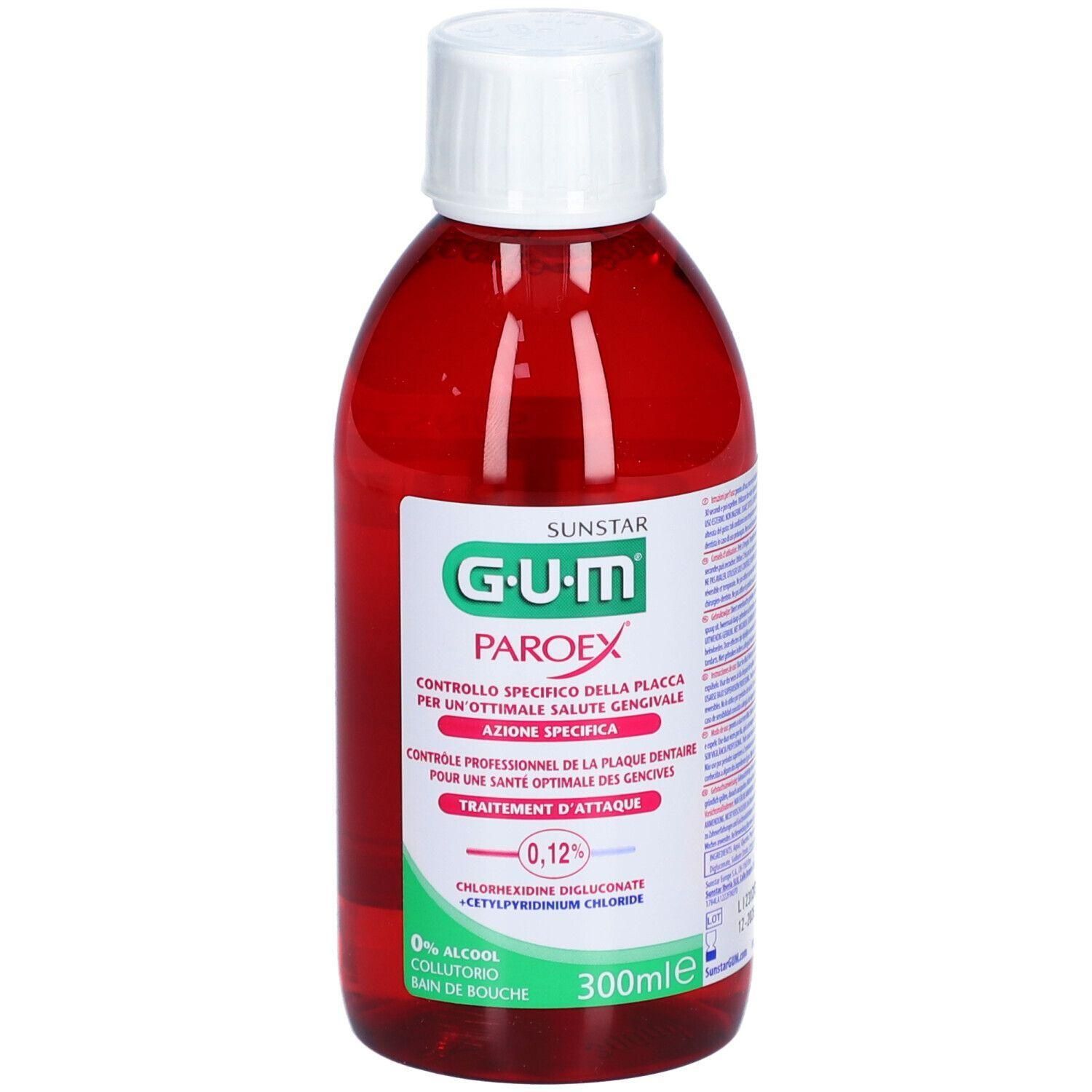 Flacon rouge avec bouchon blanc. Inscription GUM PAROEX, 0,12%. Bain de bouche.