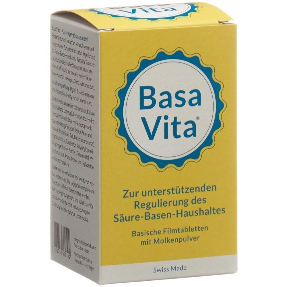 Boîte jaune avec logo bleu. Inscription : Basa Vita. Texte : Pour la régulation de l'équilibre acido-basique. Fabriqué en Suisse.