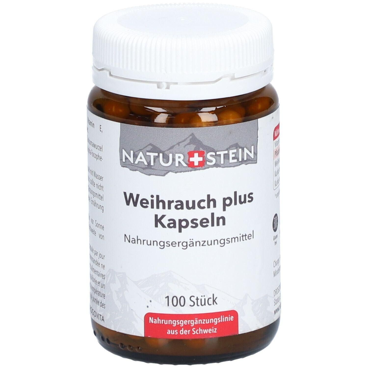 Flacon en verre brun avec bouchon blanc. Inscription: NATUR+STEIN, Weihrauch plus Kapseln, complément alimentaire. 100 pièces. Fabriqué en Suisse.