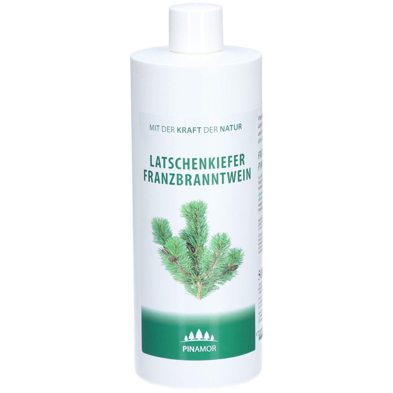 Weiße Flasche mit grünem Etikett. Aufschrift: Latschenkiefer Franzbranntwein. Abbildung eines Kiefernzweigs. Marke: Pinamor.