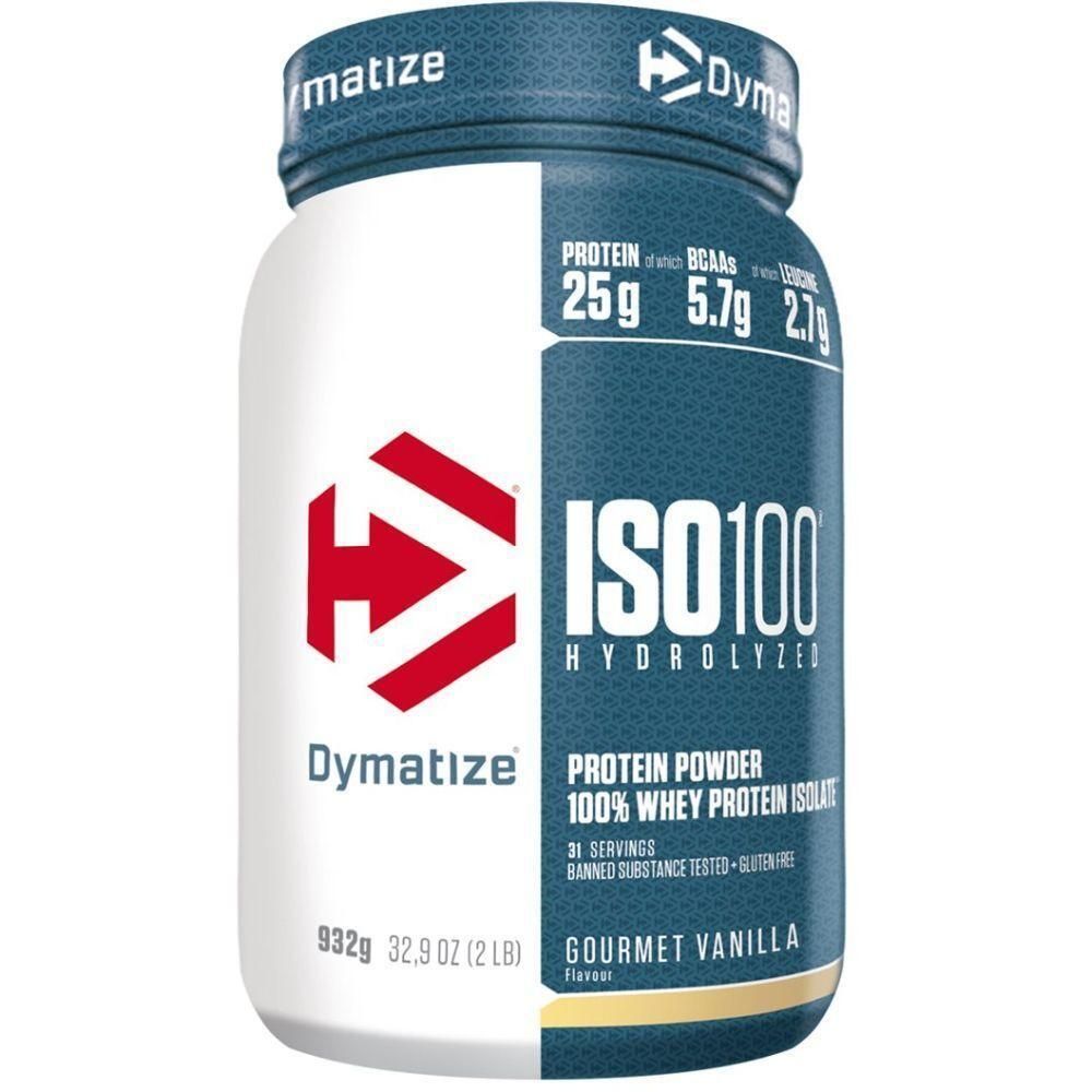 Weiß-blaue Dose mit Aufschrift ISO100, Dymatize. Enthält Proteinpulver. Gourmet-Vanille-Geschmack. 932g.