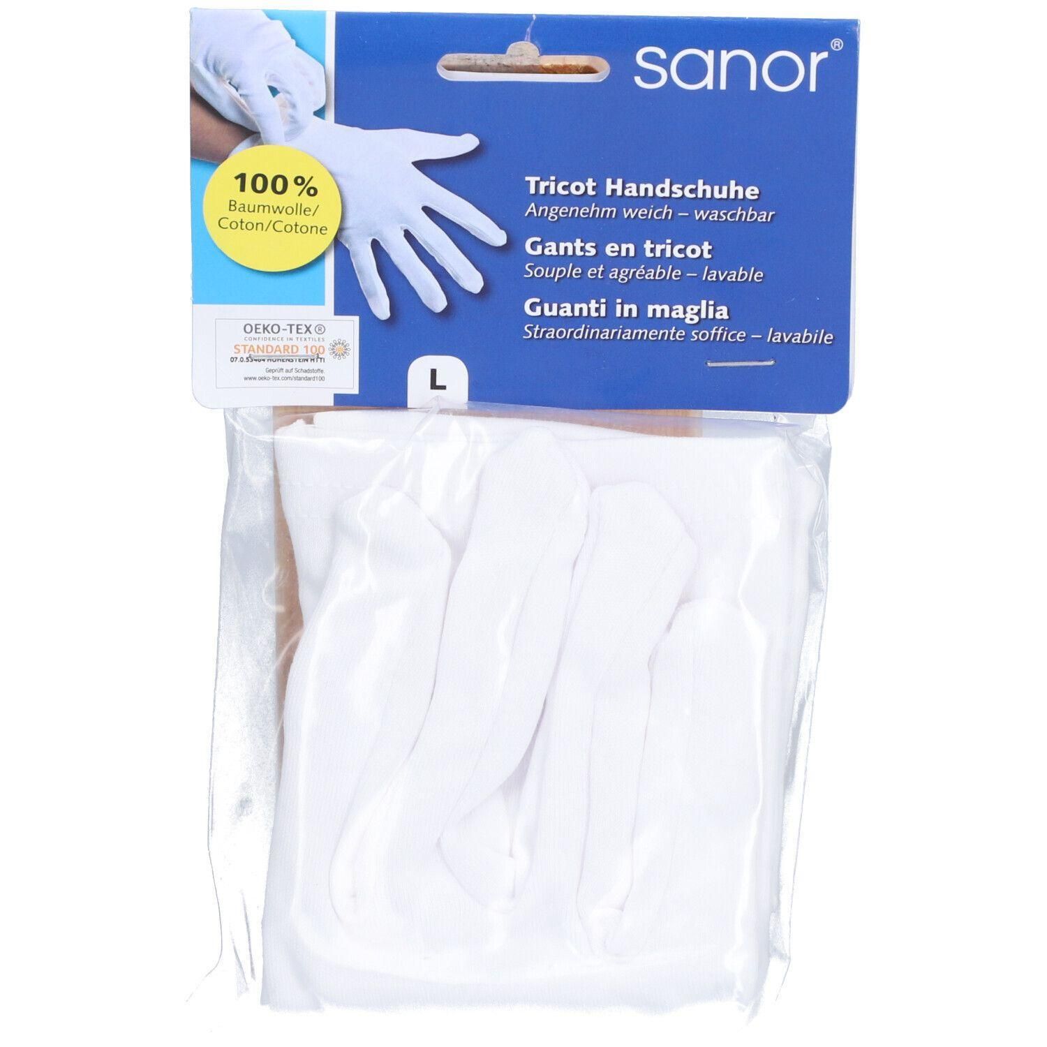 Weiße Tricot Handschuhe in Verpackung. Marke: sanor. Größe L. Baumwolle. Waschbar. OEKO-TEX Zertifizierung.
