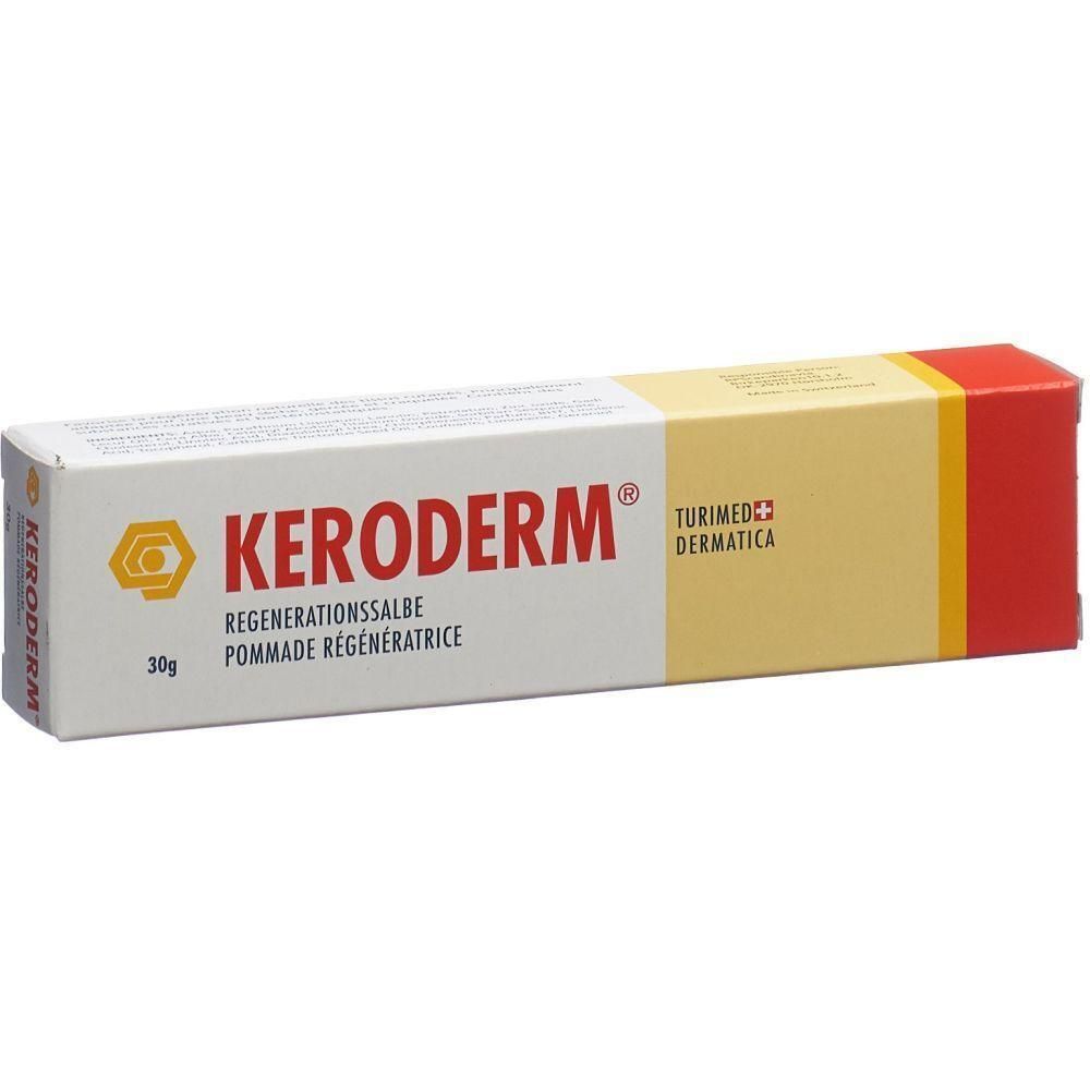 Kartonverpackung mit Produktnamen KERODERM®. Text: Regenerationssalbe, Pommade régénératrice. Logo und Schriftzug in Rot und Gelb. 30g.