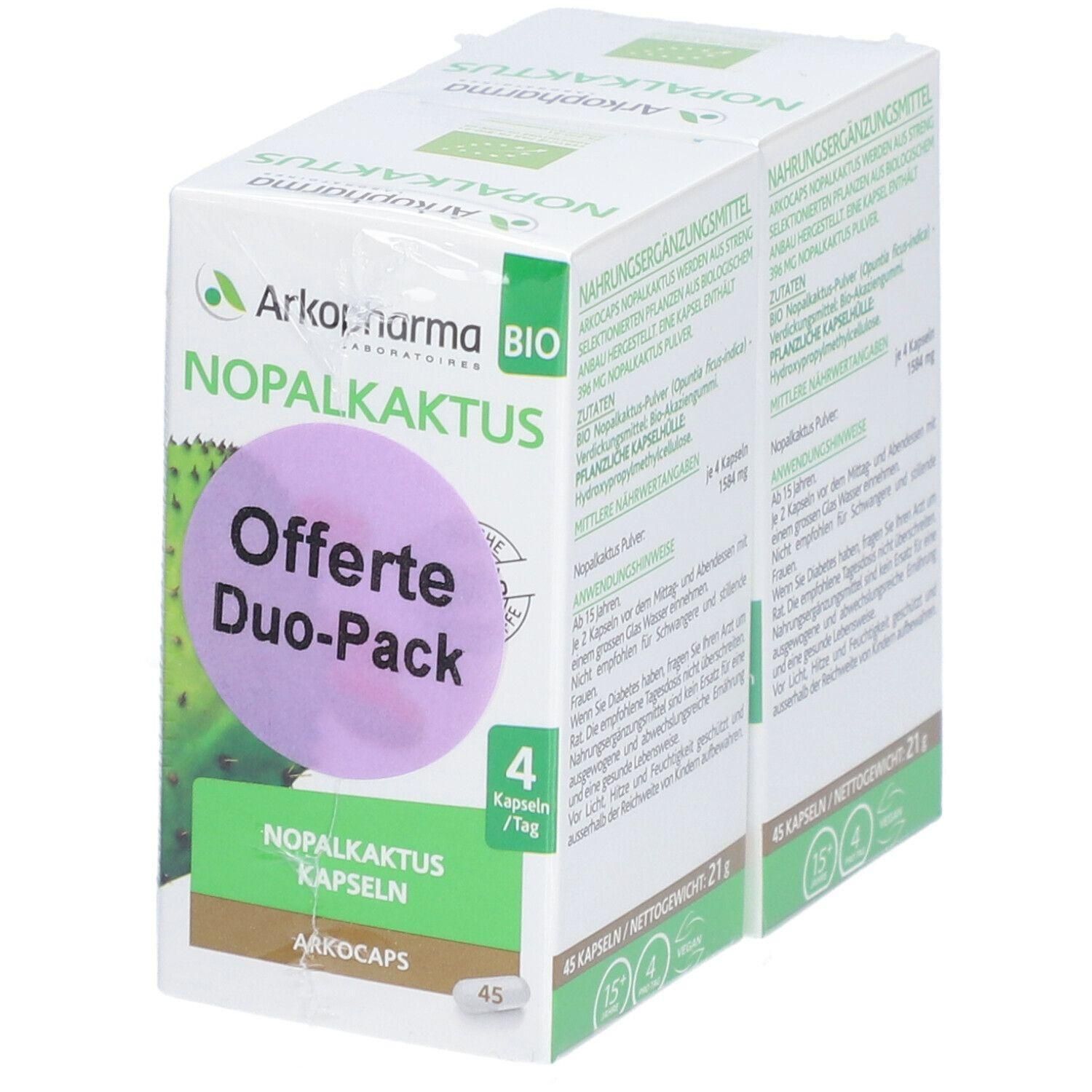 Boîte de gélules Arkopharma Nopalkaktus. Duo-Pack avec 45 gélules. Inscription : BIO, Offerte Duo-Pack, 4 gélules/jour.