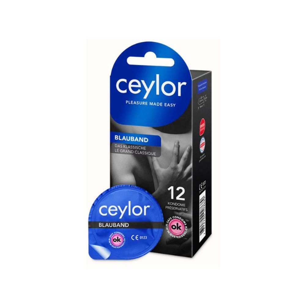 Produktverpackung mit Kondomen. Blaue Verpackung mit "ceylor" und "BLAUBAND" Schriftzug. 12 Kondome.
