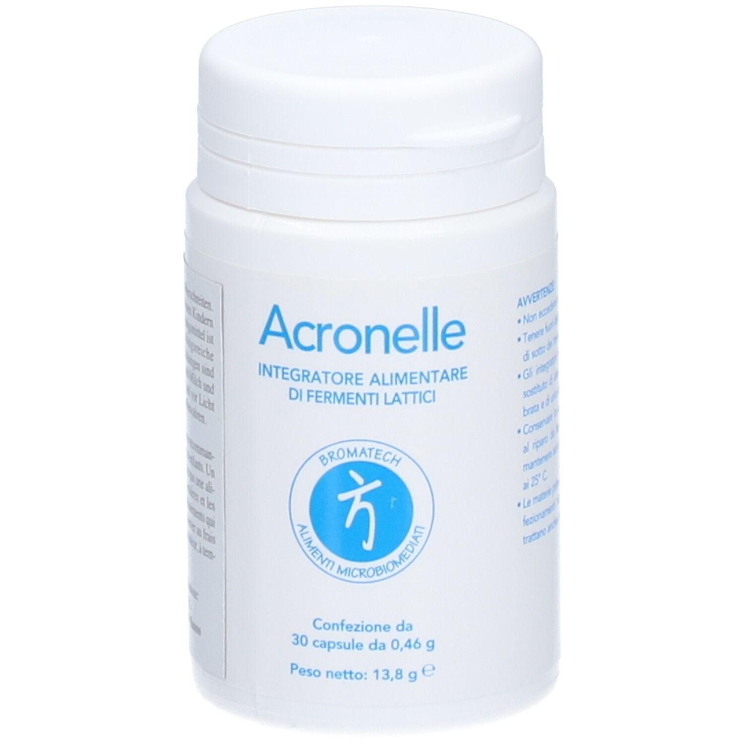 Weiße Flasche mit blauem Etikett. Aufschrift: Acronelle, Integratore Alimentare di Fermenti Lattici. Enthält 30 Kapseln.