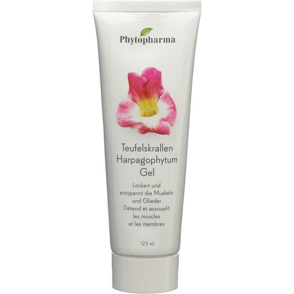 Tube blanche avec nom du produit et motif floral. Texte: Teufelskrallen Harpagophytum Gel. 125 ml.