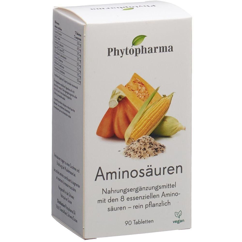 Weiße Schachtel mit "Phytopharma"-Logo. Aufdruck: "Aminosäuren", "90 Tabletten", vegan. Abbildung von Gemüse.