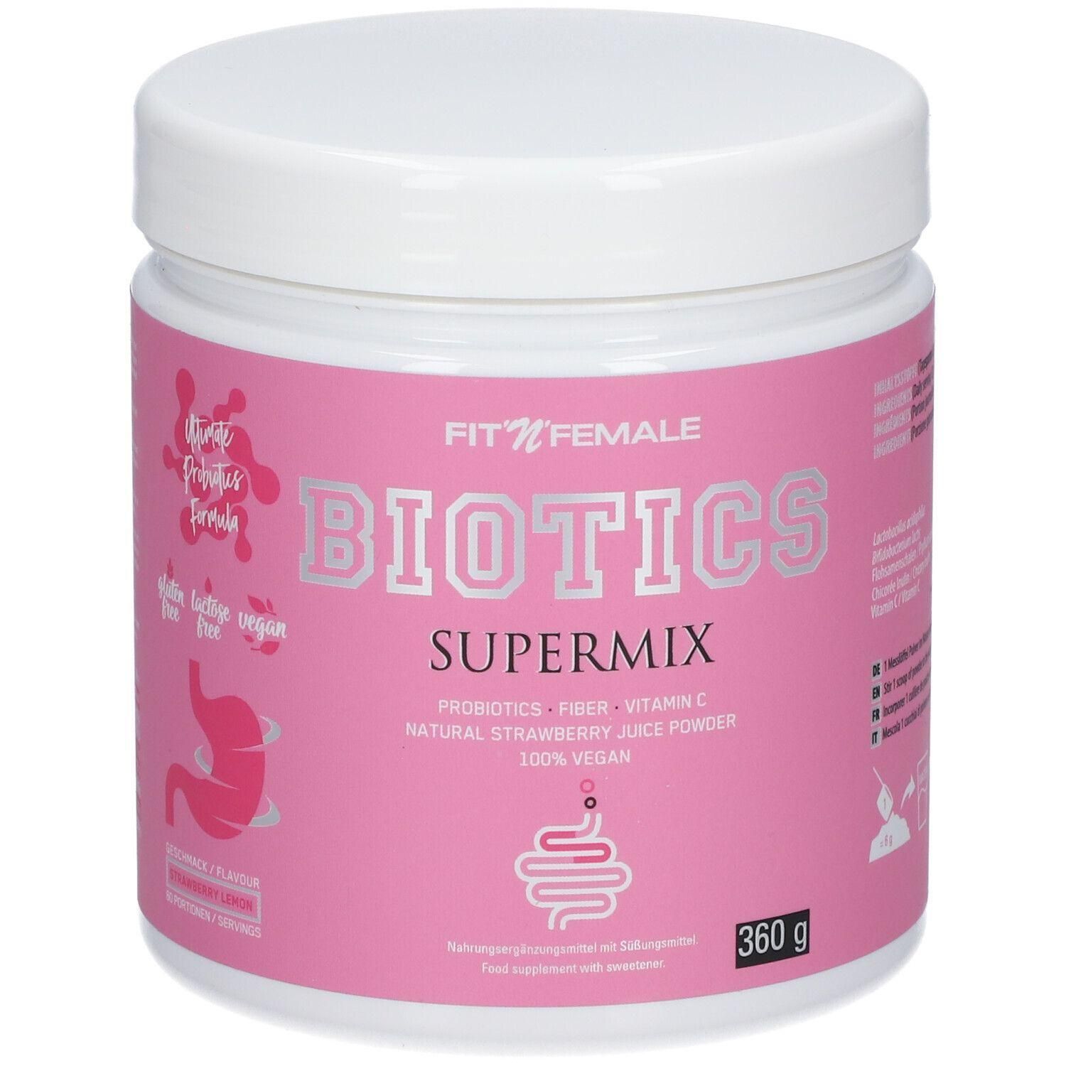 Weißer Behälter mit rosa Etikett. Aufschrift: BIOTICS SUPERMIX. Enthält Probiotika, Ballaststoffe, Vitamin C. 100% vegan. 360 g.