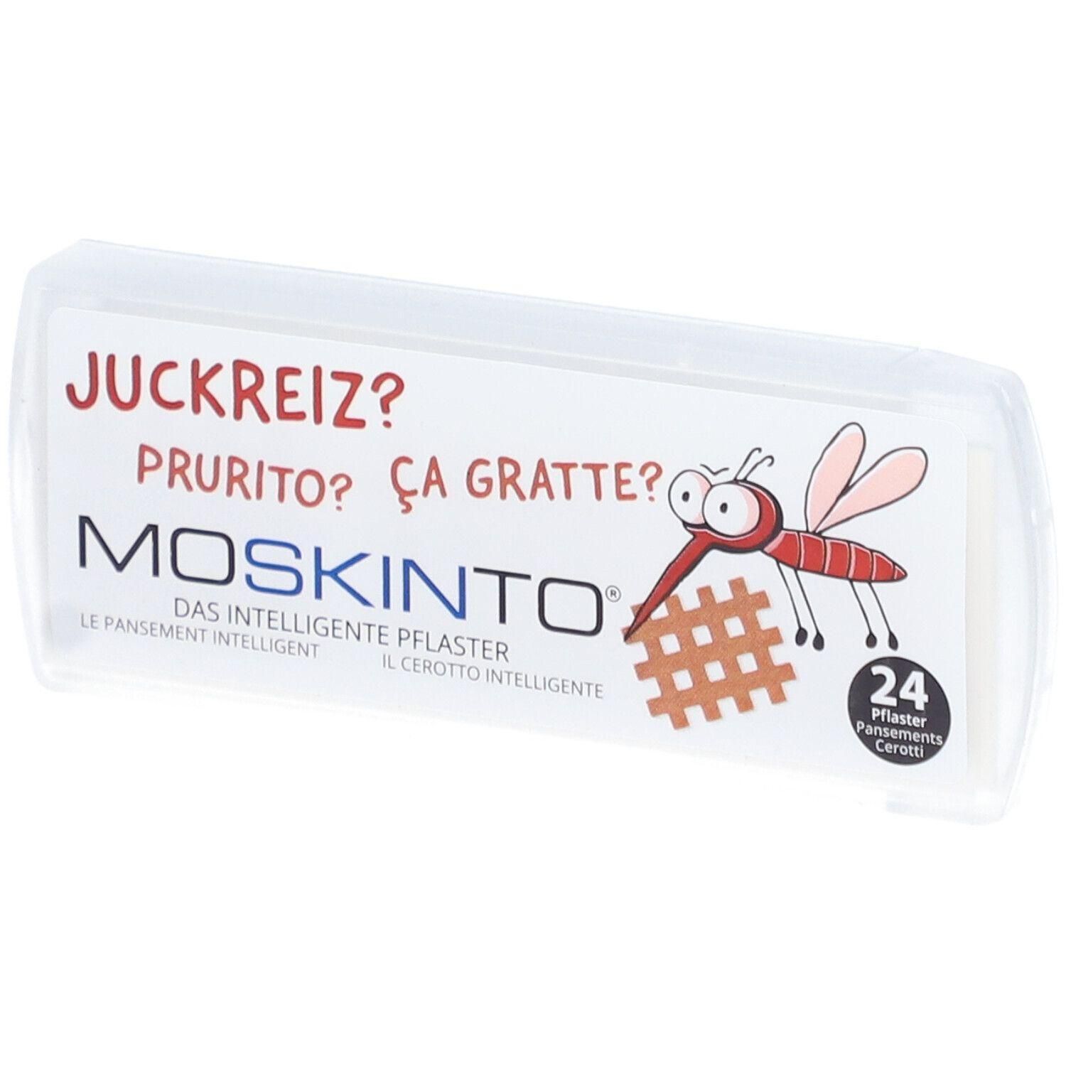 Verpackung mit Moskinto Pflastern. Aufschrift: Juckreiz?, Prurito?, Ça gratte?. Enthält 24 Pflaster. Abbildung einer Mücke.
