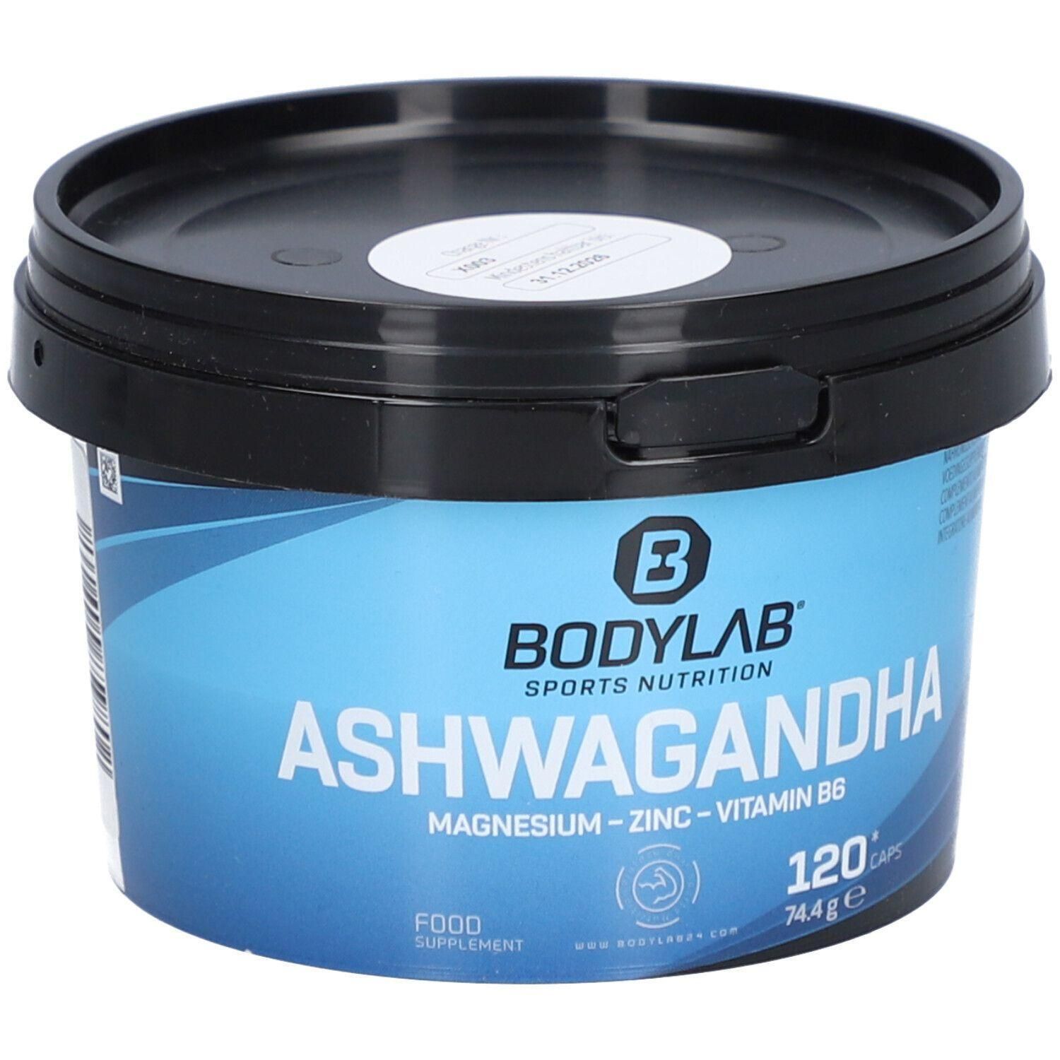 Runde Dose mit schwarzem Deckel. Auf blauem Hintergrund steht "BODYLAB ASHWAGANDHA". Enthält Magnesium, Zink, Vitamin B6. 120 Kapseln.