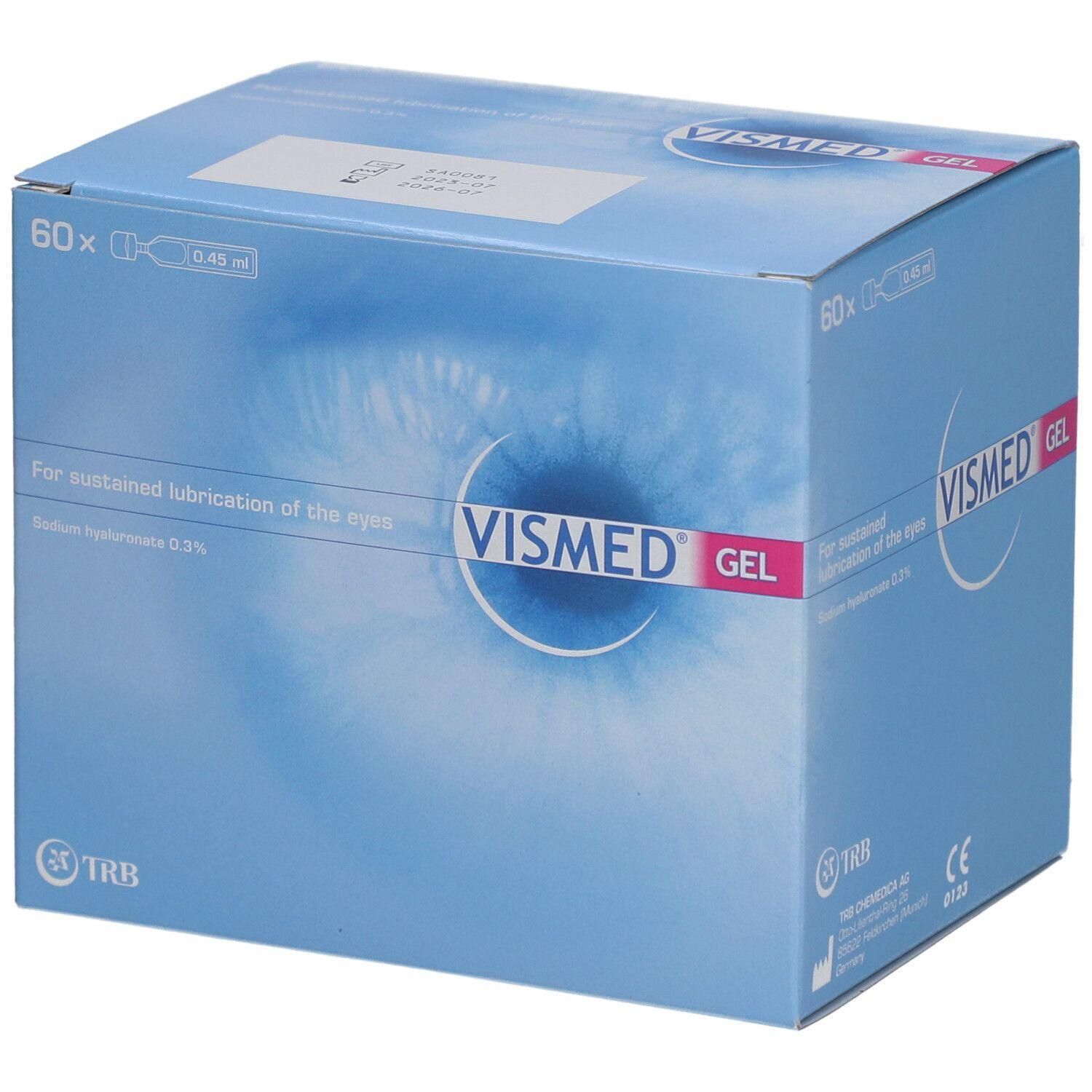 Boîte bleu et blanche avec logo VISMED GEL. Contient 60 doses. Texte: Pour une lubrification durable des yeux. Hyaluronate de sodium 0,3%.
