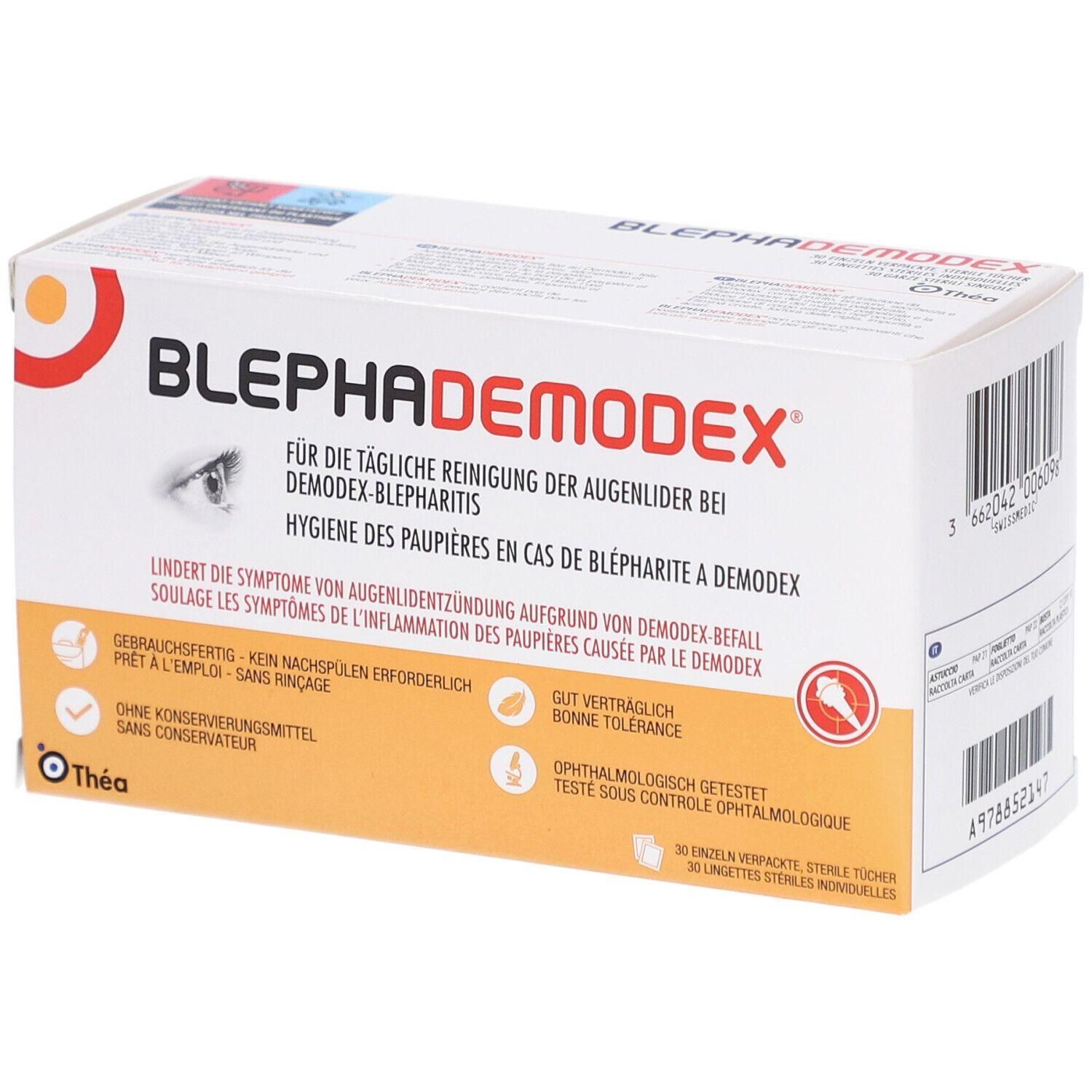 Karton BLEPHADEMODEX. Text: Für die tägliche Reinigung der Augenlider. 30 sterile Tücher. Marke: Théa. Gut verträglich, ophthalmologisch getestet.
