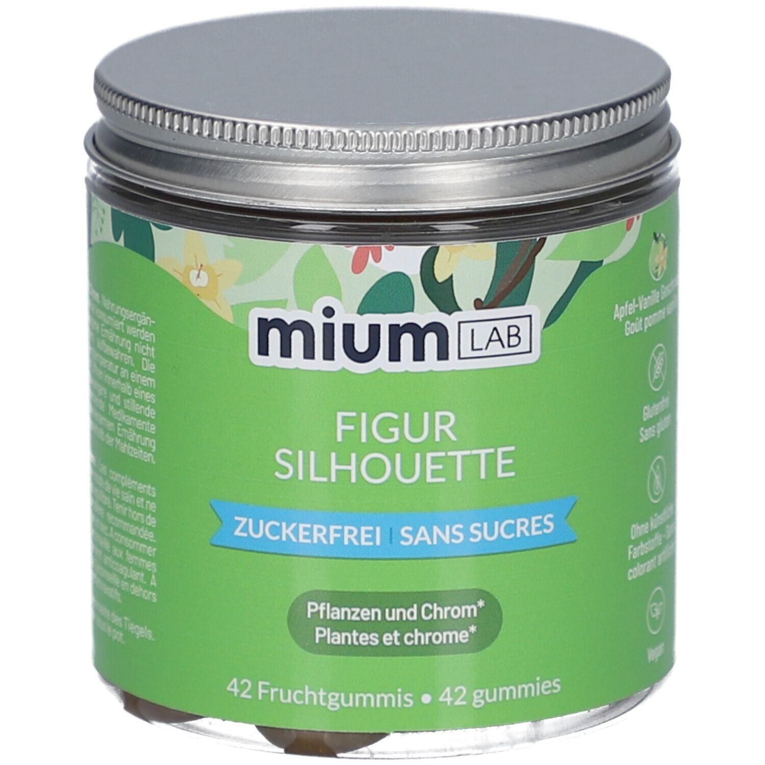 Pot vert avec couvercle argenté. Inscription : mium LAB, FIGUR SILHOUETTE, ZUCKERFREI, SANS SUCRES. Contient 42 gommes.