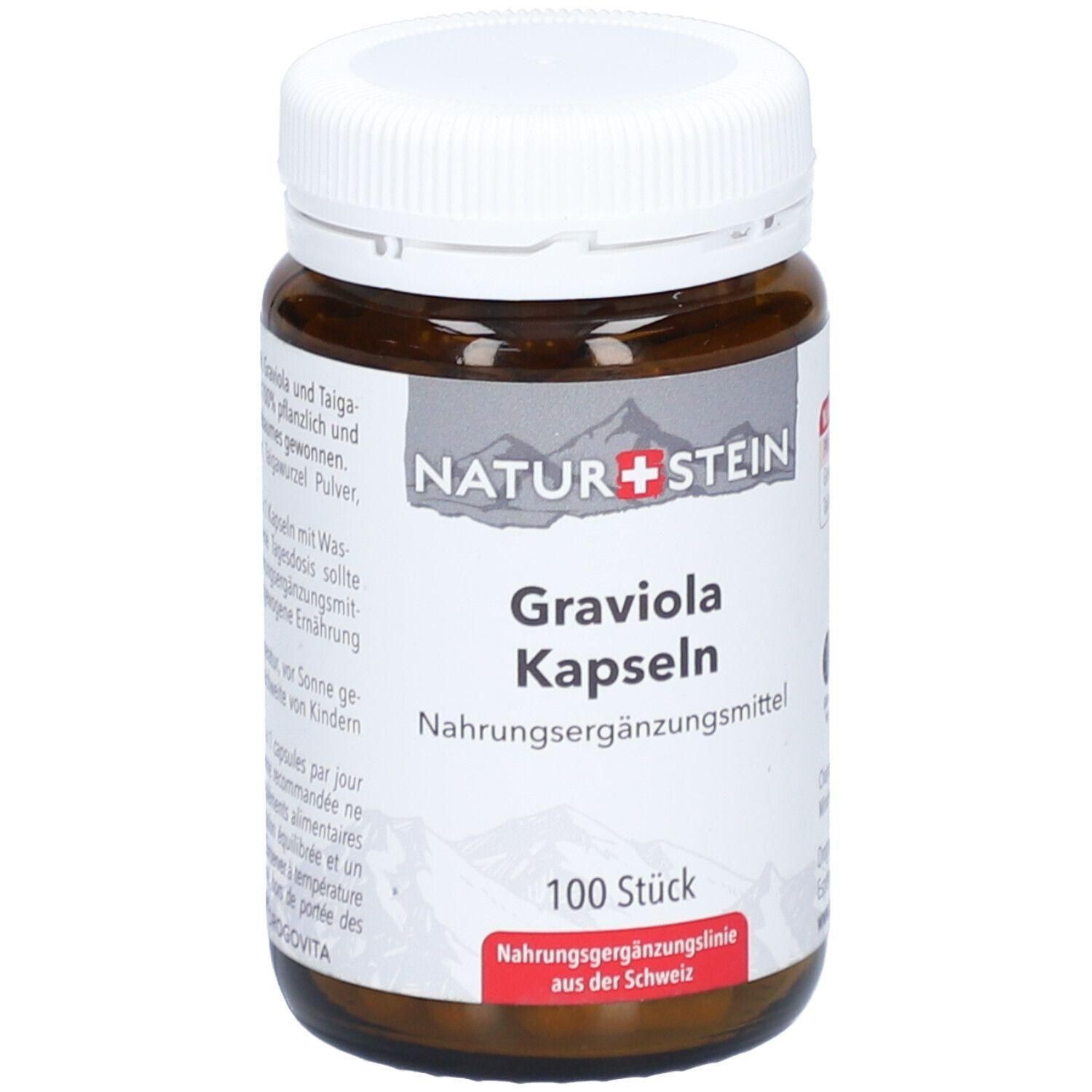Braune Glasflasche mit weißem Deckel. Aufkleber mit "NATUR+STEIN Graviola Kapseln". Enthält 100 Stück. Nahrungsergänzungsmittel.