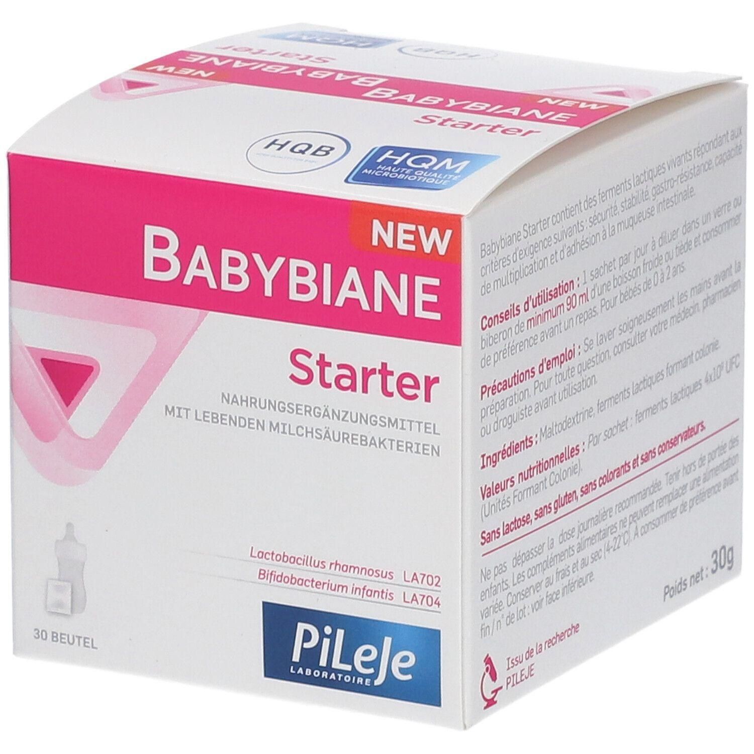 Kartonverpackung von Babybiane Starter. Rosa und weiße Farbgebung. Aufschrift: Babybiane Starter, Nahrungsergänzungsmittel mit lebenden Milchsäurebakterien.