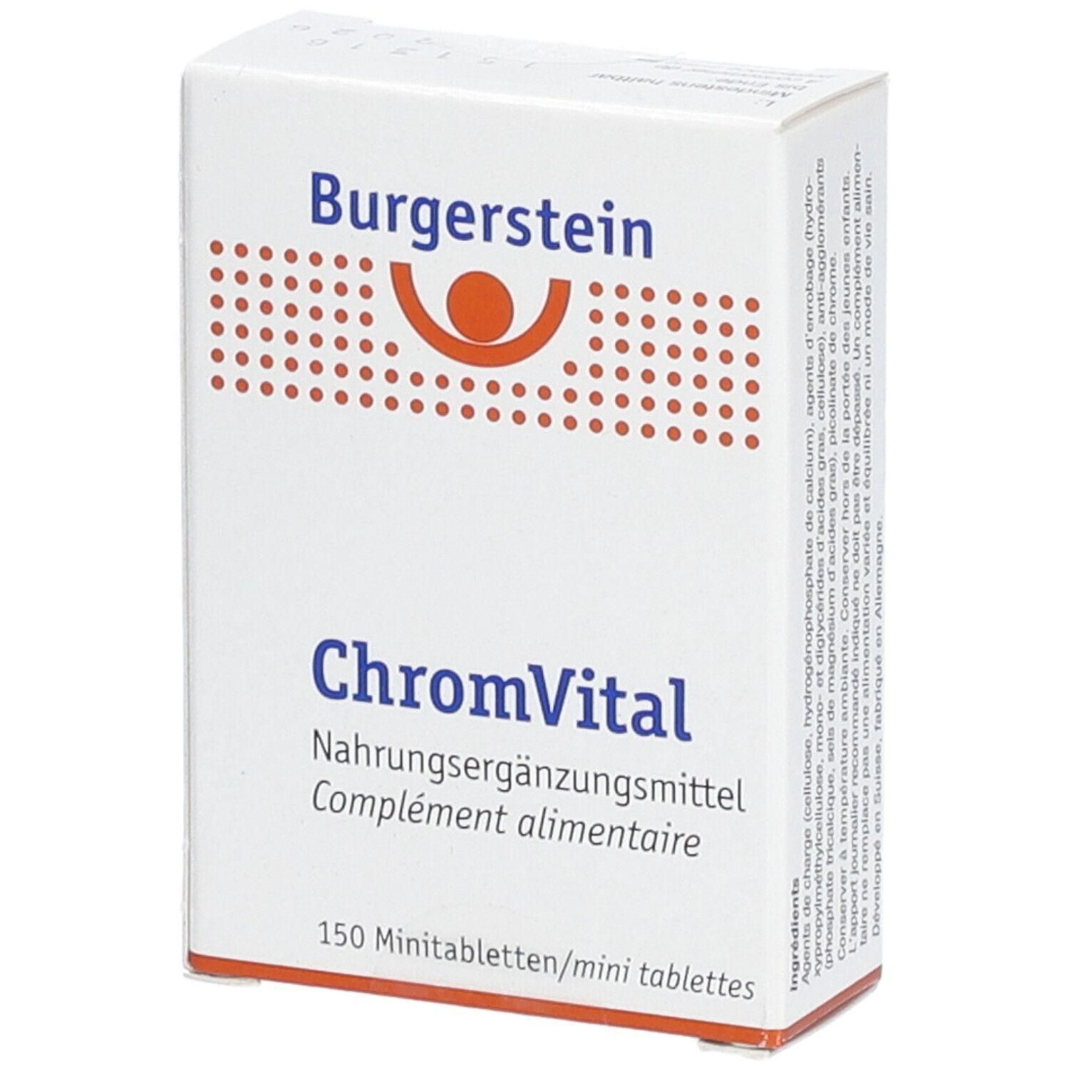 Weiße Schachtel mit Burgerstein-Logo und Schriftzug ChromVital. Enthält 150 Tabletten. Nahrungsergänzungsmittel.