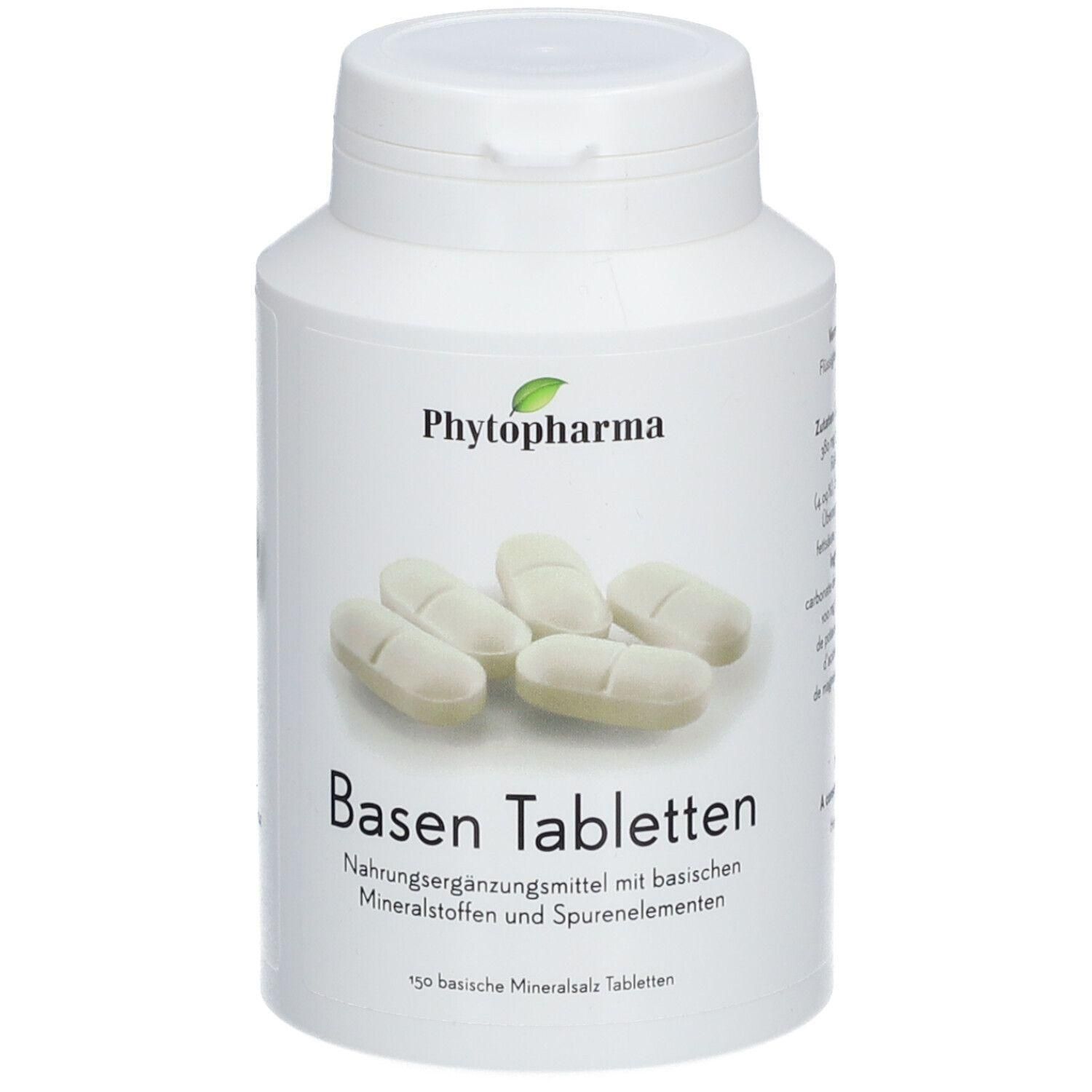 Flacon blanc avec comprimés blancs. Inscription: Phytopharma, Basen Tabletten. Complément alimentaire.