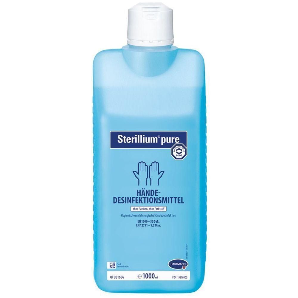 Flacon bleu avec bouchon blanc. Inscription: Sterillium pure HÄNDE-DESINFEKTIONSMITTEL. Logo avec mains. 1000 ml.