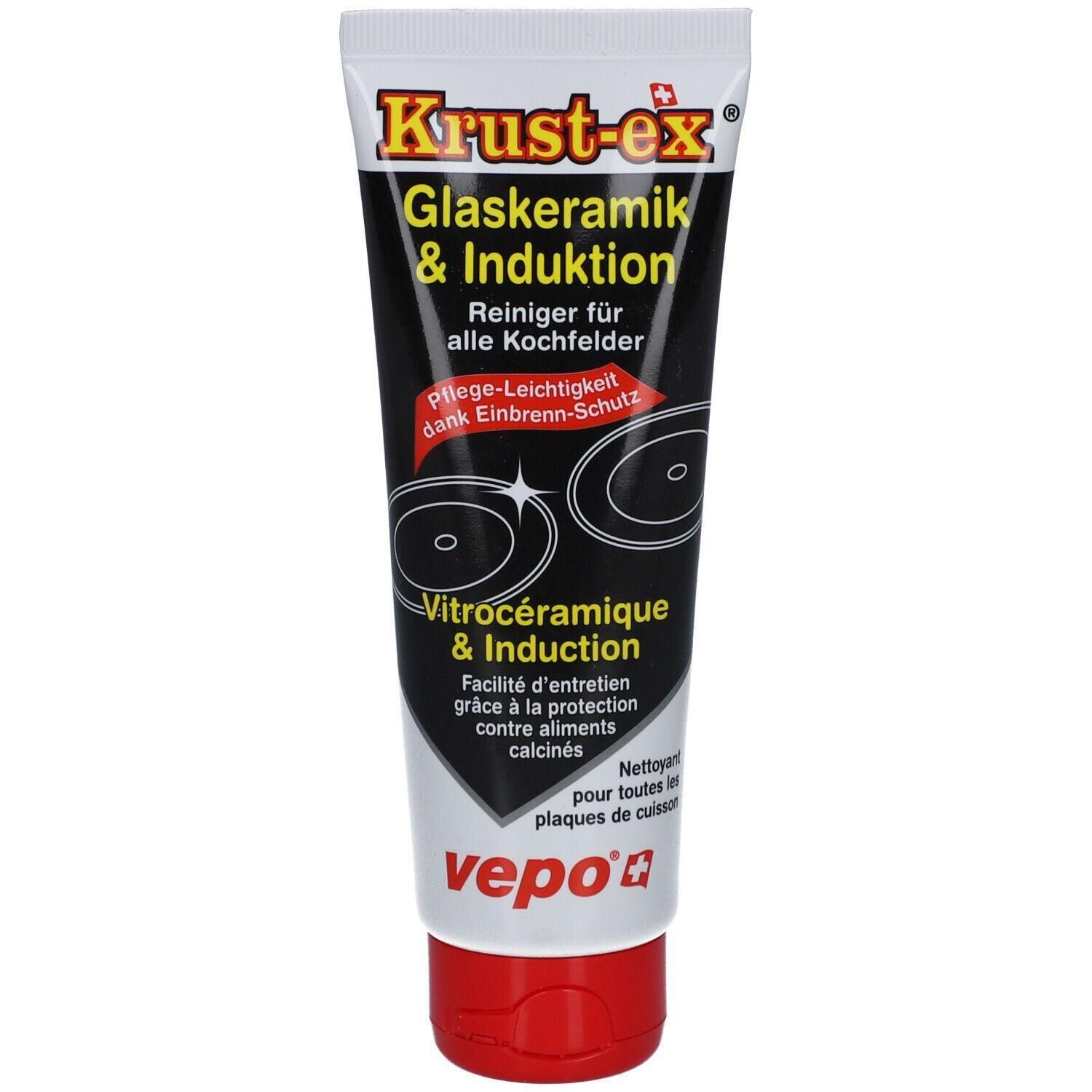 Tube mit Produktaufdruck. Beschriftung: Krust-ex, Glaskeramik & Induktion, Reiniger für alle Kochfelder. Marke vepo.