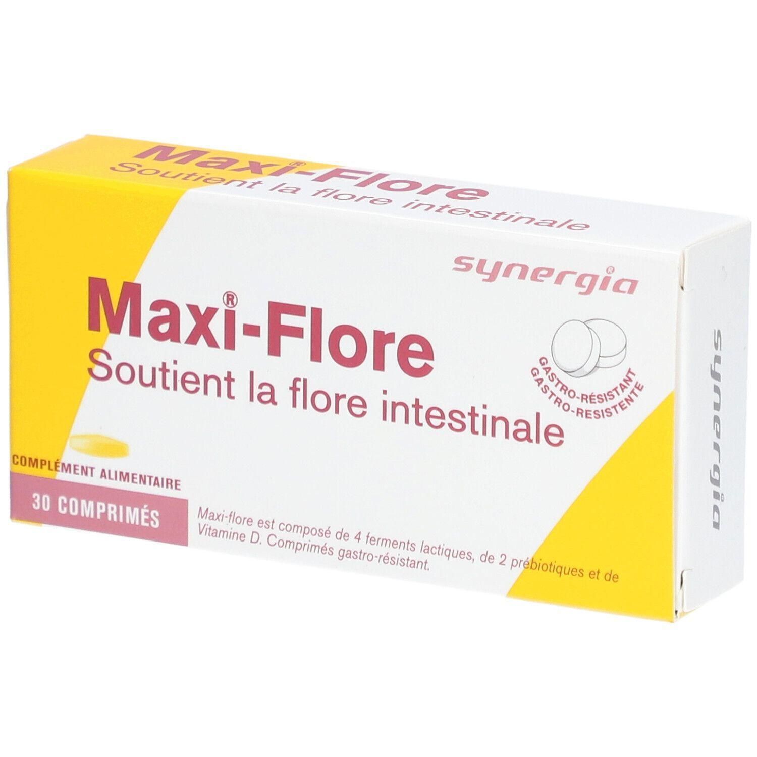 Weiß-gelbe Schachtel mit "Maxi-Flore"-Schriftzug. Enthält 30 Tabletten. Aufschrift: "Soutient la flore intestinale". Marke: synergia.