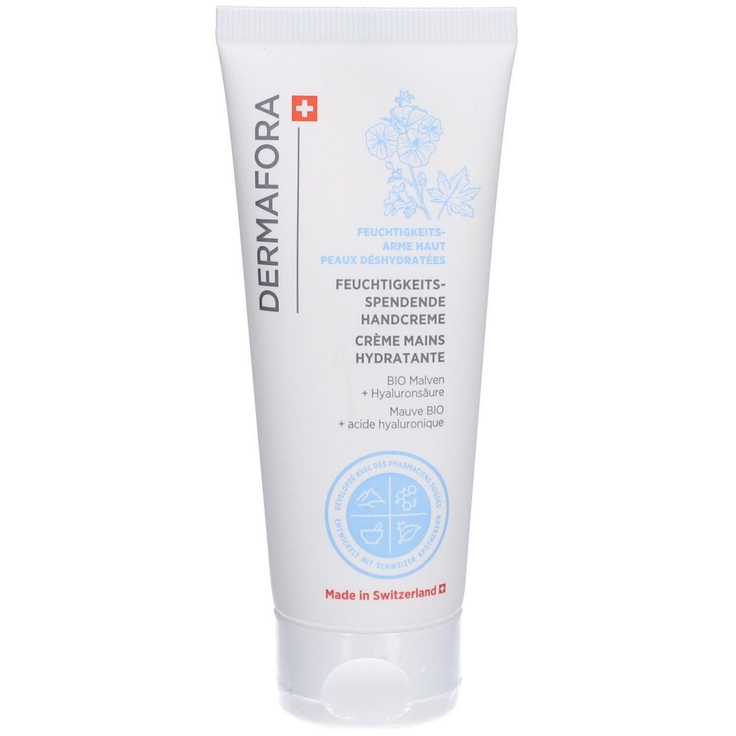 Tube blanc avec texte. DERMAFORA, Crème Mains Hydratante. Logo: Croix suisse. Fabriqué en Suisse. Ingrédients: Mauve BIO, acide hyaluronique.