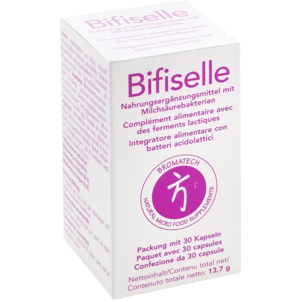 Weiße Schachtel mit Produktnamen Bifiselle. Text in Deutsch, Französisch und Italienisch. Logo mit Schriftzug BROMATECH.