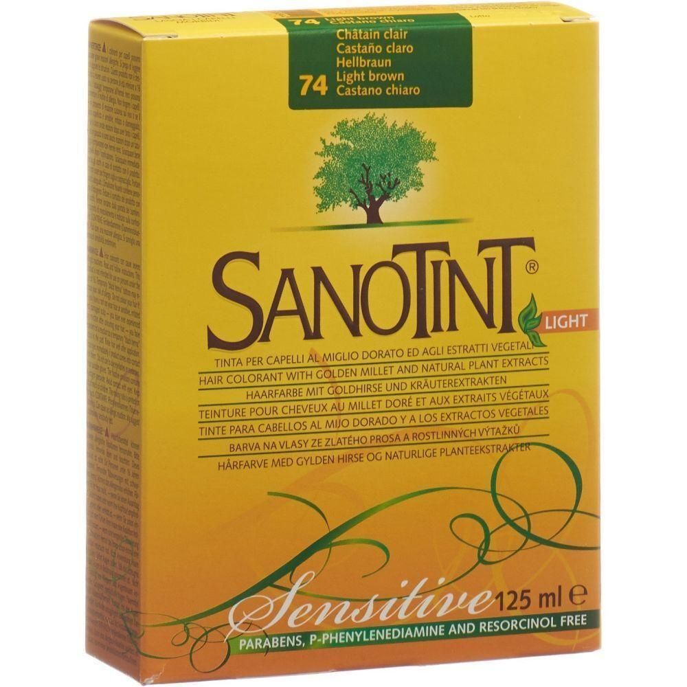 Gelbe Schachtel mit SANOTINT Haarfarbe. Aufschrift: Sensitive, Light brown 74. Enthält 125 ml. Frei von Parabenen, P-Phenylendiamin und Resorcinol.