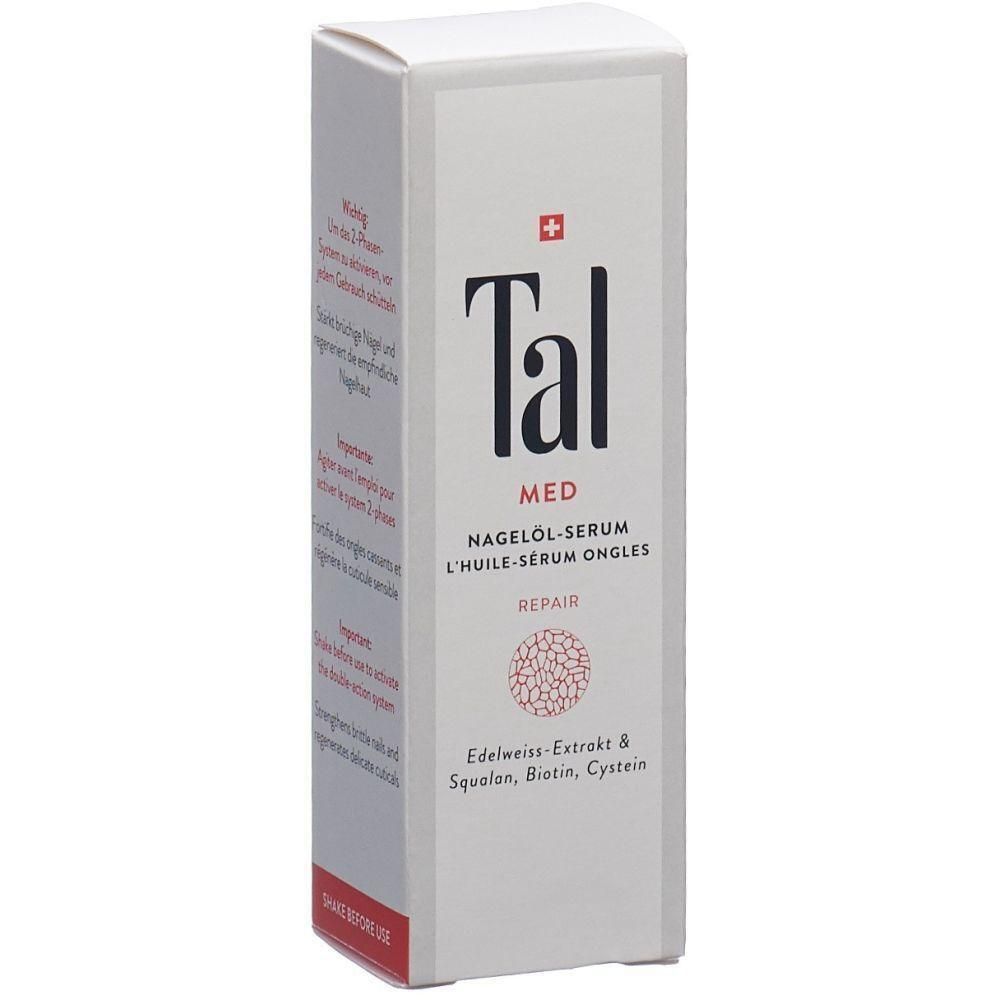 Weiße Verpackung mit rotem Kreuz. Aufschrift: Tal MED Nagelöl-Serum. Enthält Edelweiß-Extrakt, Squalon, Biotin, Cystein. L'huile-sérum ongles.