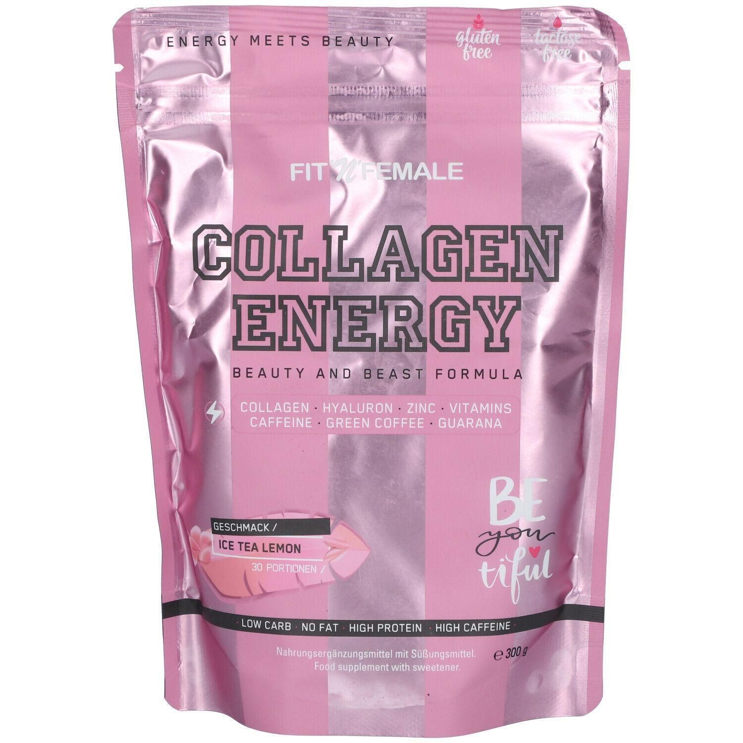 Rosa Beutel mit Aufschrift COLLAGEN ENERGY. Geschmack: Ice Tea Lemon. Enthält Collagen, Hyaluron, Zink, Vitamine, Koffein, Guarana.
