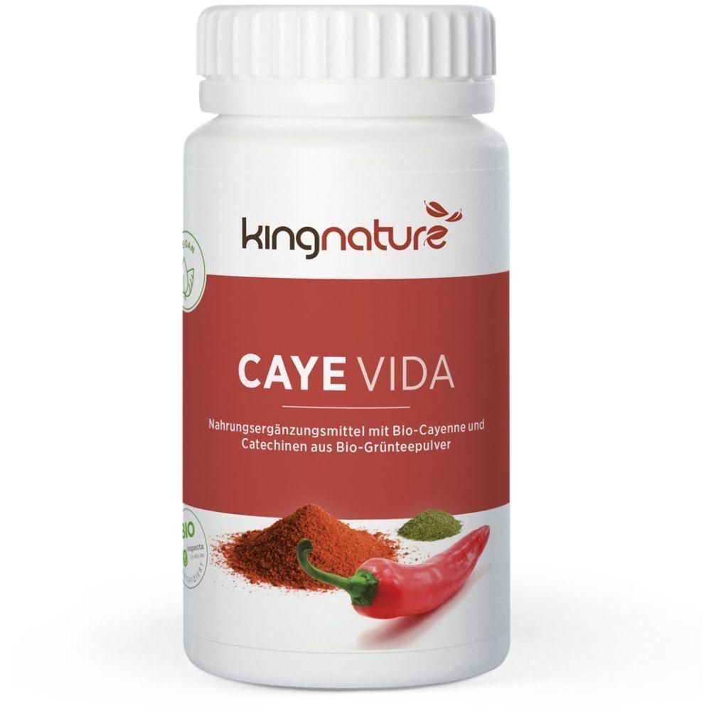Weiße Flasche mit rotem Etikett. Aufschrift: kingnature, CAYE VIDA. Abbildung von Chili, Pulver und Grüntee-Pulver.