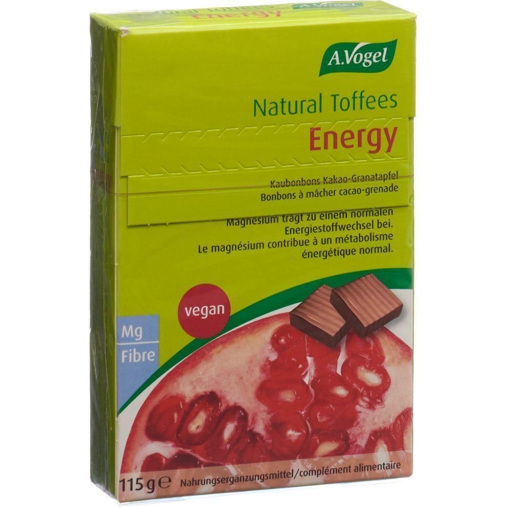 Grüne Schachtel mit A.Vogel Natural Toffees Energy. Vegan, mit Kakao-Granatapfel. Enthält Magnesium. 115g. Nahrungsergänzungsmittel.