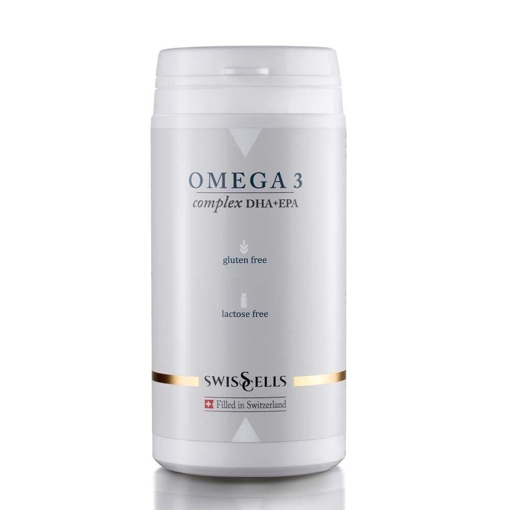 Weiße zylindrische Dose mit Deckel. Aufschrift: OMEGA 3 complex DHA+EPA, glutenfrei, lactosefrei. Marke: Swisscells. Hergestellt in der Schweiz.