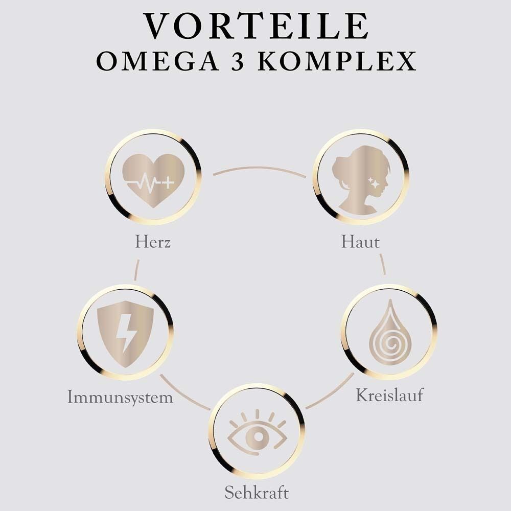 Grafik mit Kreisen und Icons. Text: Vorteile Omega 3 Komplex. Icons: Herz, Haut, Immunsystem, Kreislauf, Sehkraft.